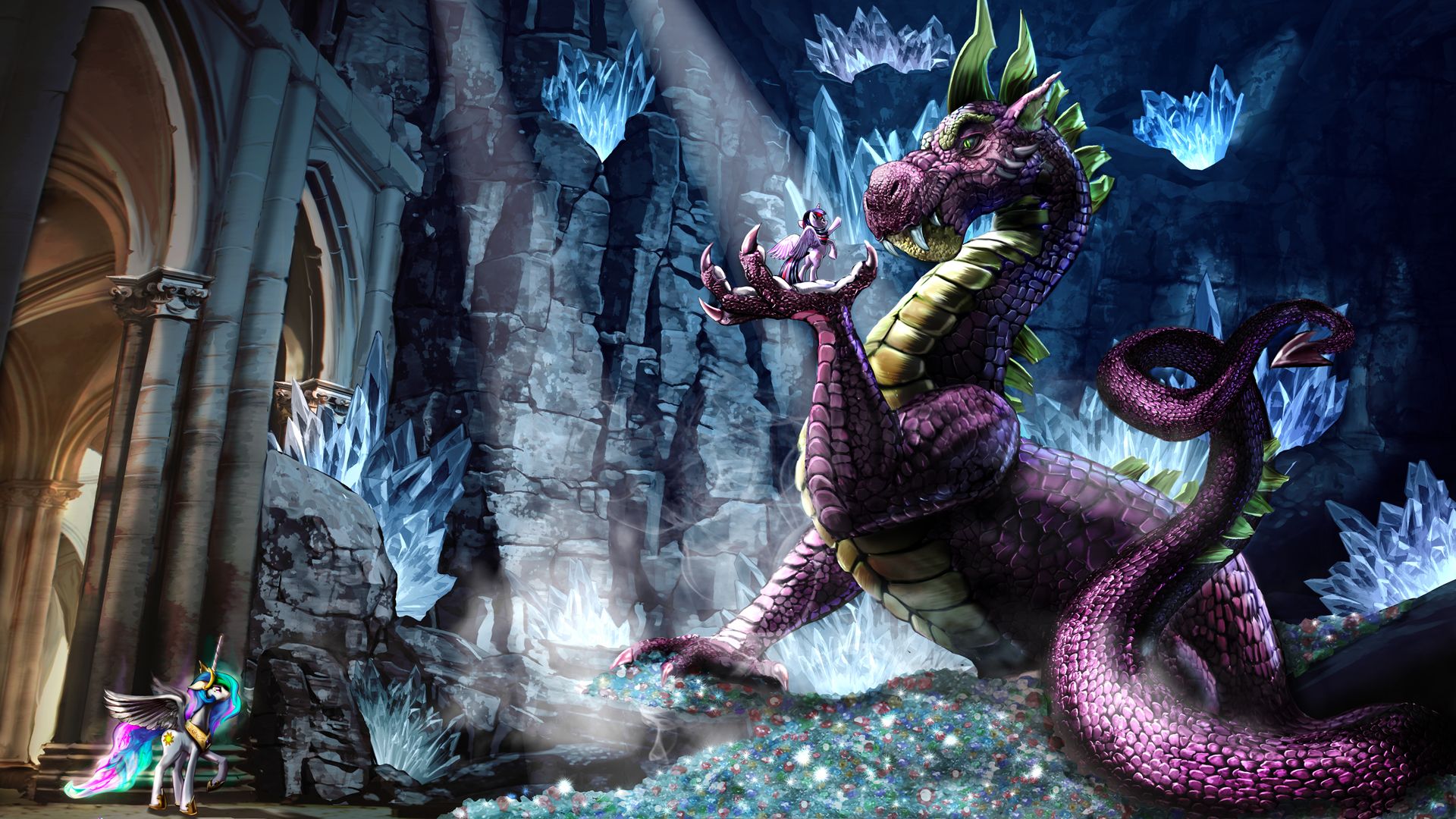 Download 1920x1080 HD Wallpaper pink dragon unicorn crystal treasures, Desktop Background HD