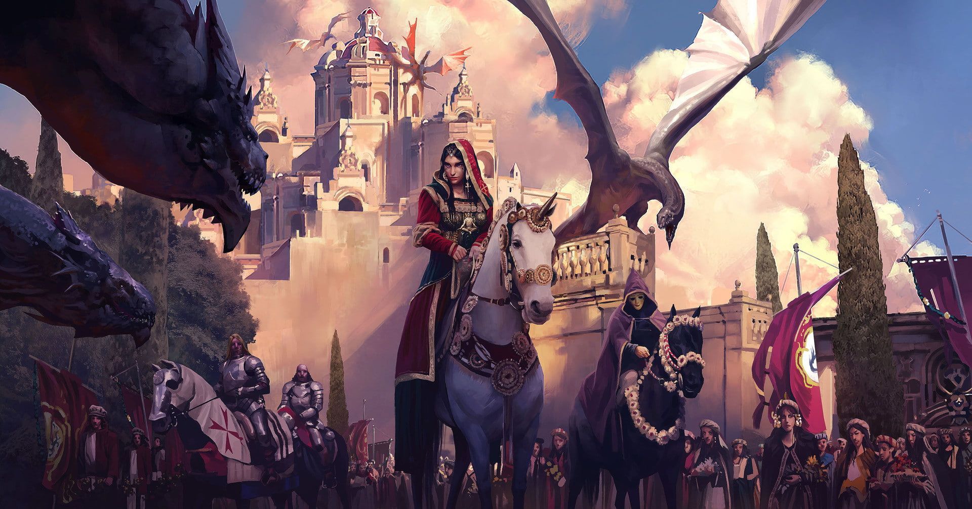 Unicorn wallpaper, digital art, women, warrior, army, flag, mask, dragon, castle. Unicorn wallpaper, Castle illustration, Castle art