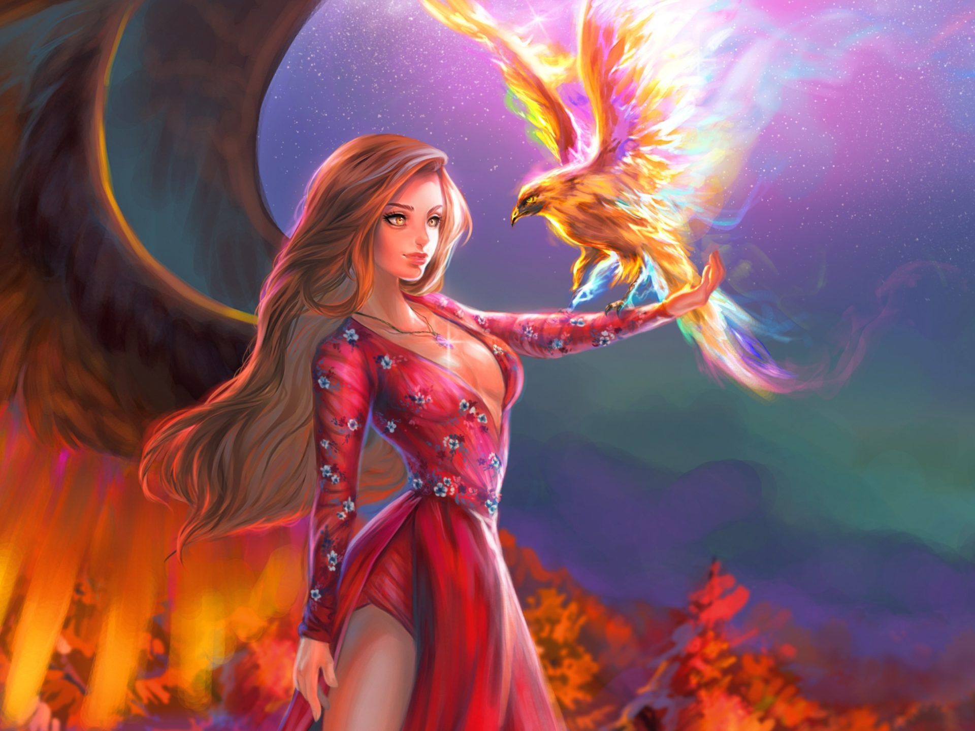 Mythology fantasy girl with a phoenix bird which is cyclically regenerating or being born again HD Wallpaper for Desktop, Wallpaper13.com