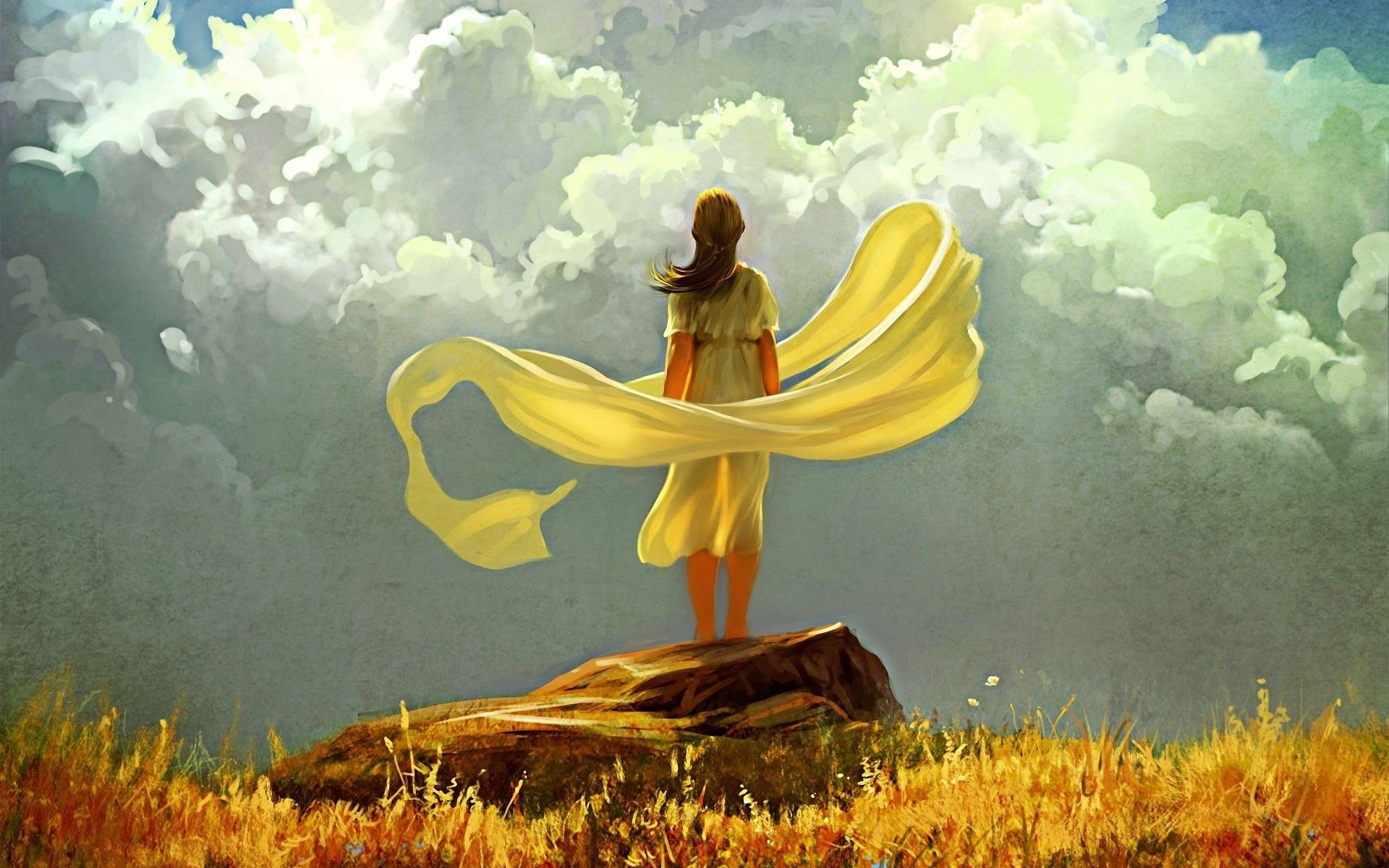 women, paintings, clouds, ribbons, sunlight, yellow dress :: Wallpapers.