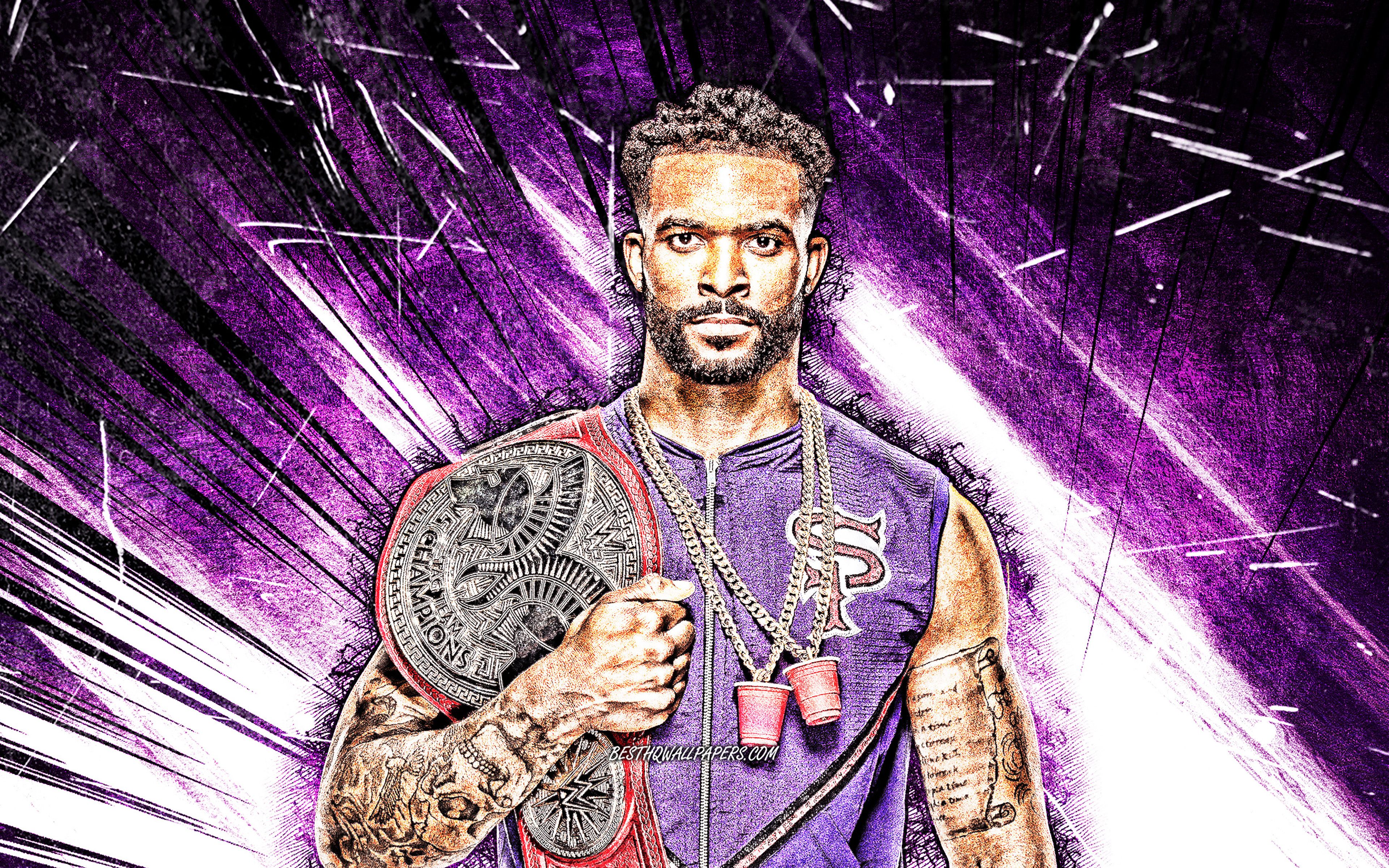 Download wallpaper 4k, Montez Ford, grunge art, american wrestler, WWE, violet abstract rays, Kenneth Crawford, wrestling, Montez Ford with belt, wrestlers, Montez Ford 4K for desktop with resolution 3840x2400. High Quality HD