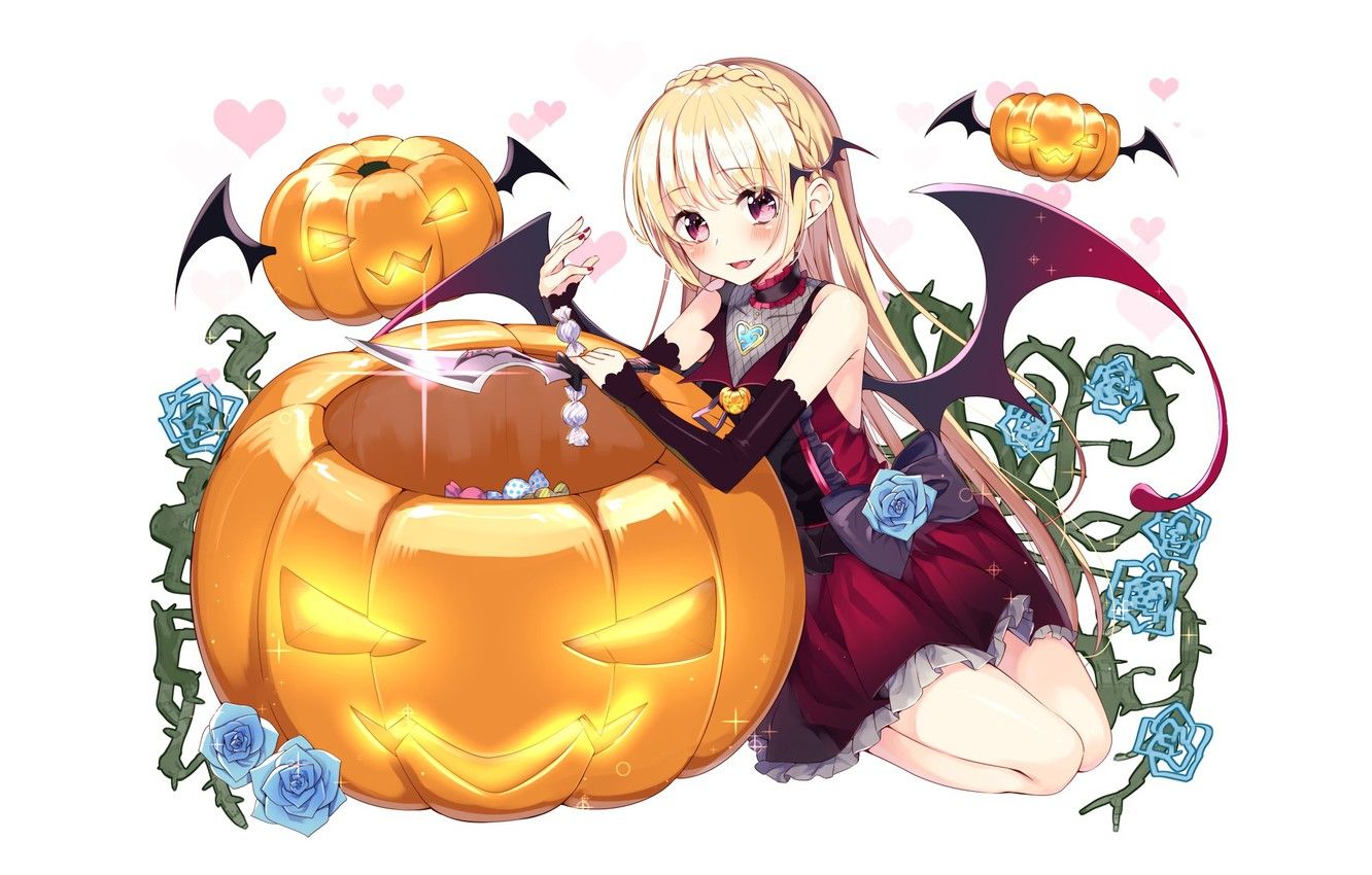 Wallpaper girl, anime, art, pumpkin, Halloween, halloween image for desktop, section прочее