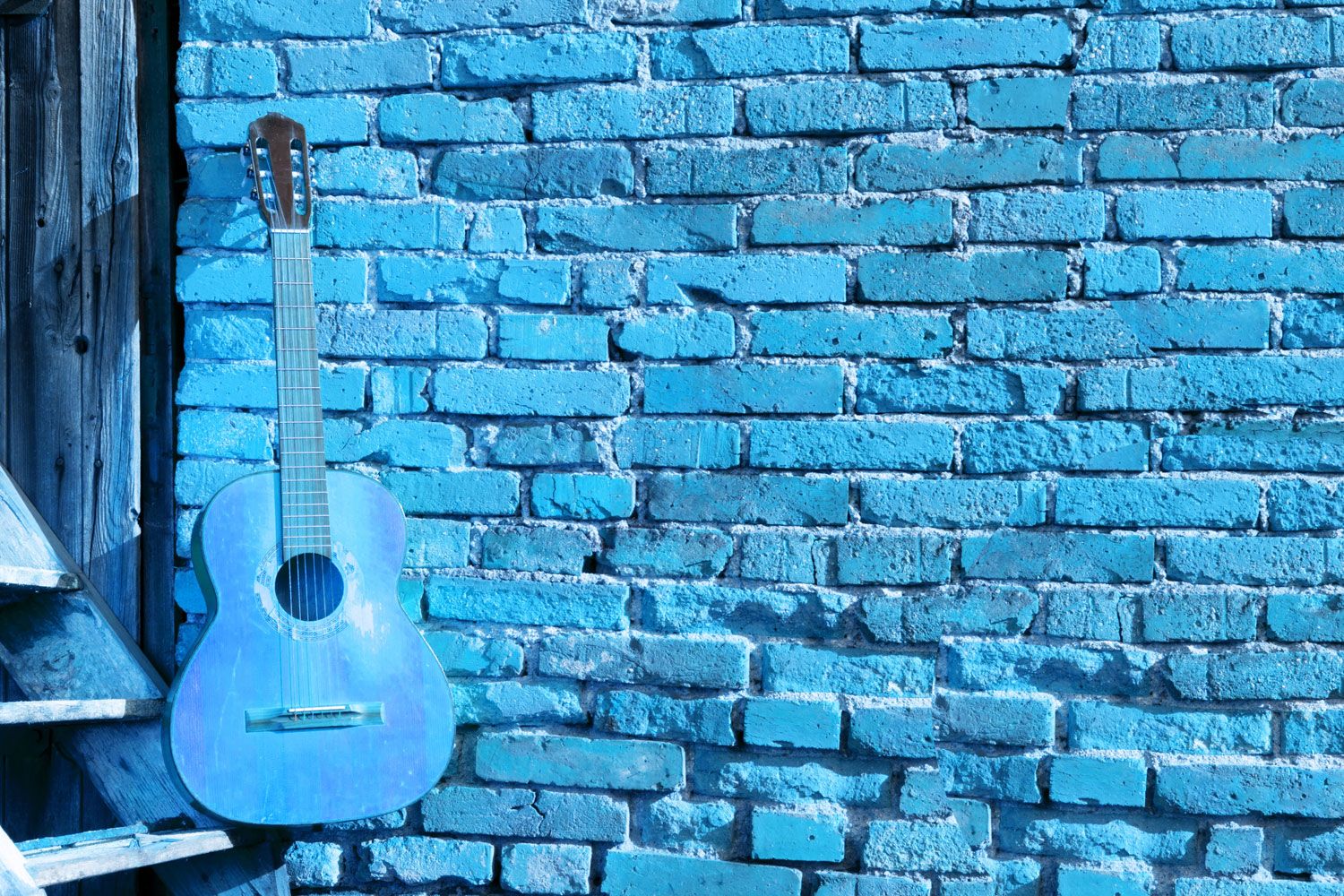 Blue Guitar On Brick Wall Wallpaper Guitar HD Wallpaper