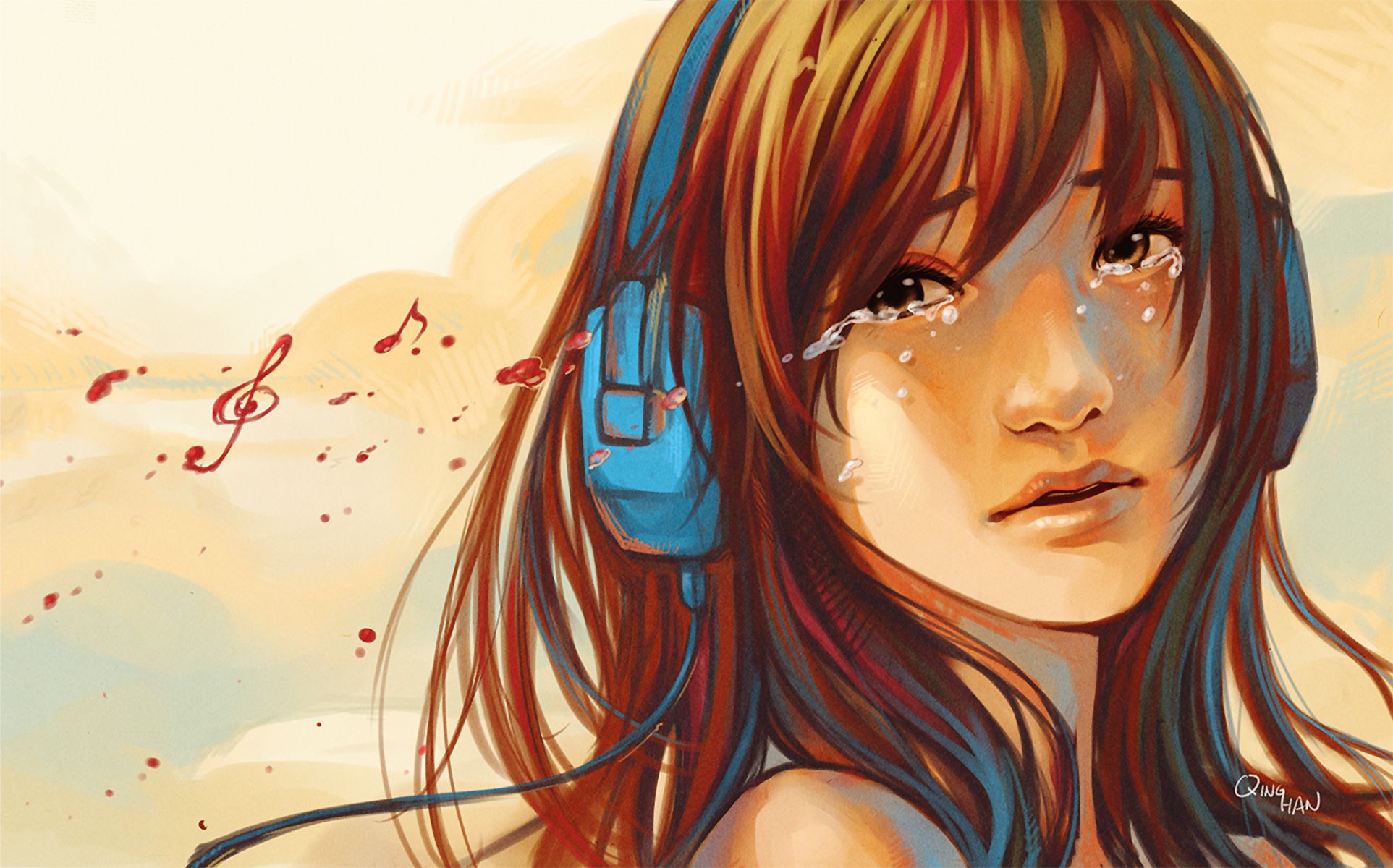 Girl Crying Art Wallpaper Picture Photo Image Crying Listening To Music Wallpaper & Background Download