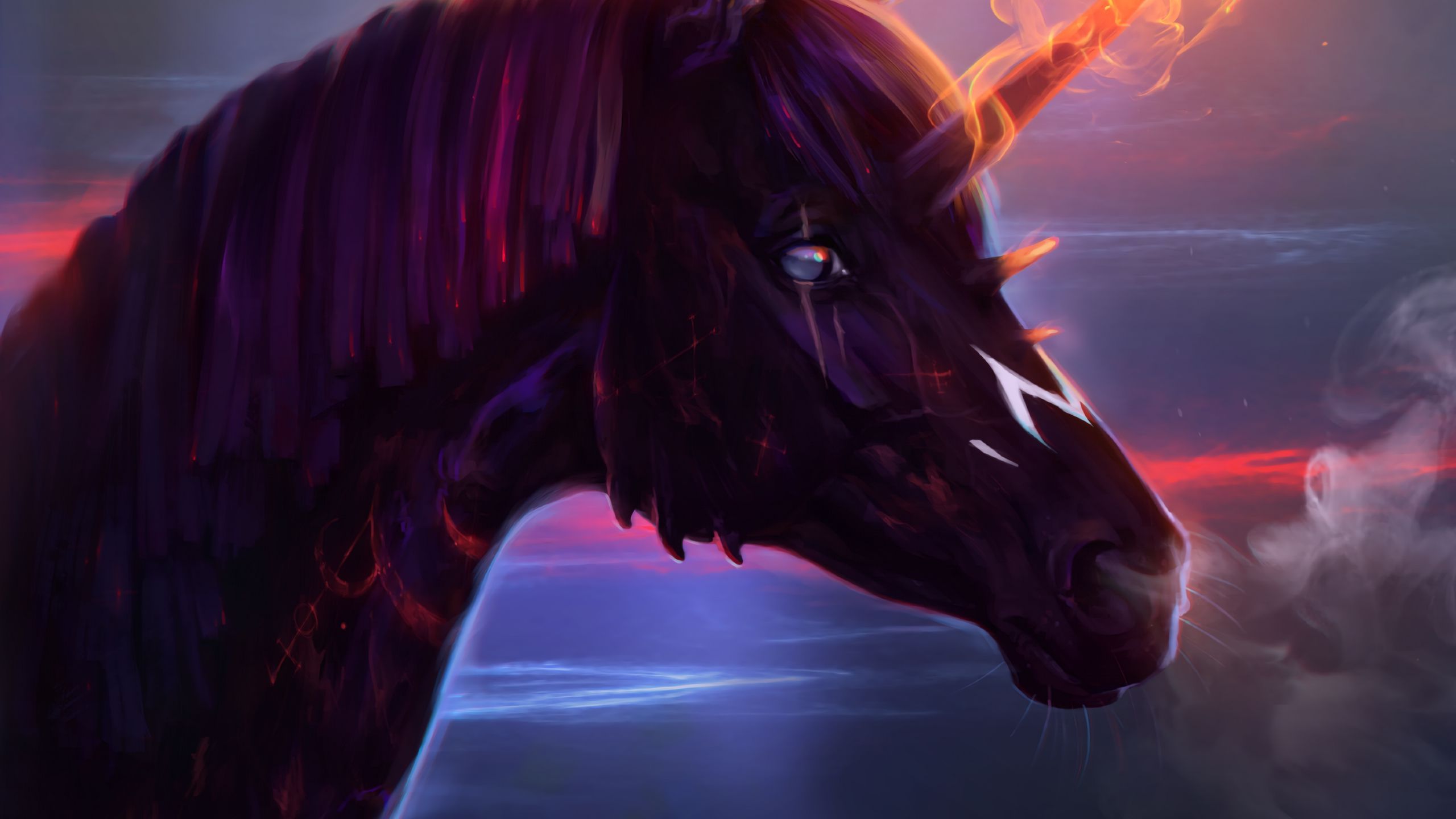 Download wallpaper 2560x1440 unicorn, horse, art, fire widescreen 16:9 HD background