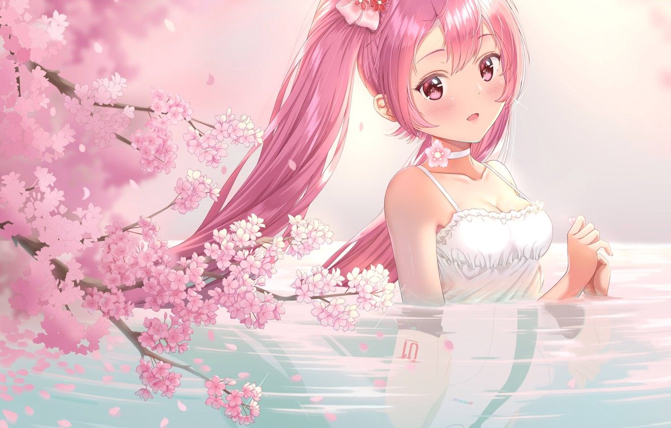 Wallpaper water, girl, lake, spring, Sakura, Hatsune Miku, pink hair, Sakura, Mike image for desktop, section прочее