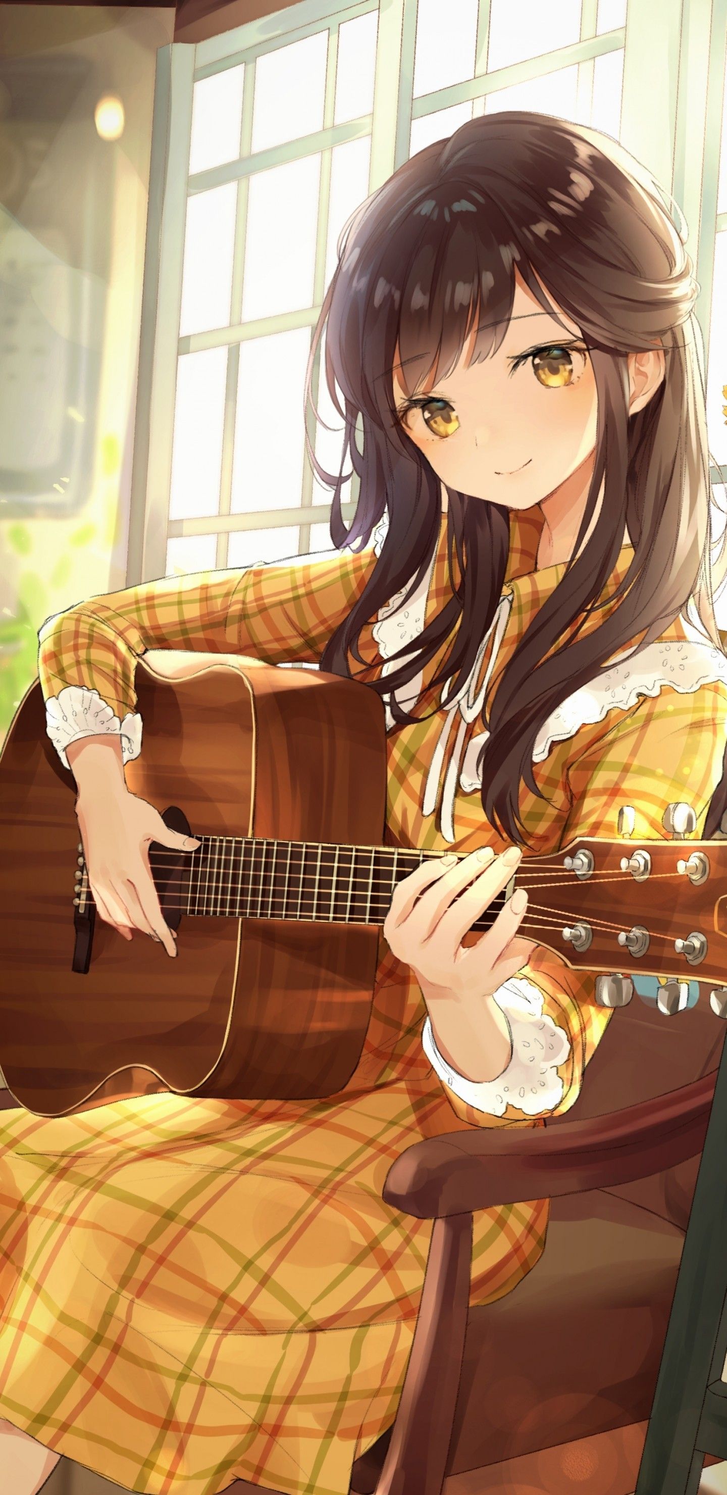 Download 1440x2960 Anime Girl, Playing Guitar, Instrument, Music, Cute, Brown Hair Wallpaper for Samsung Galaxy S Note S S8+, Google Pixel 3 XL