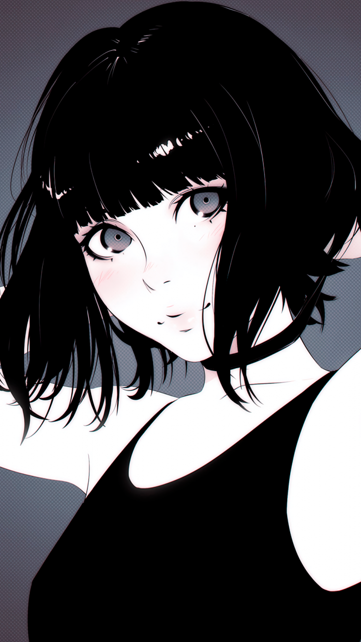 Girl, dark hair, short, digital artwork, stare, 720x1280 wallpaper. Anime art, Anime drawings, Anime