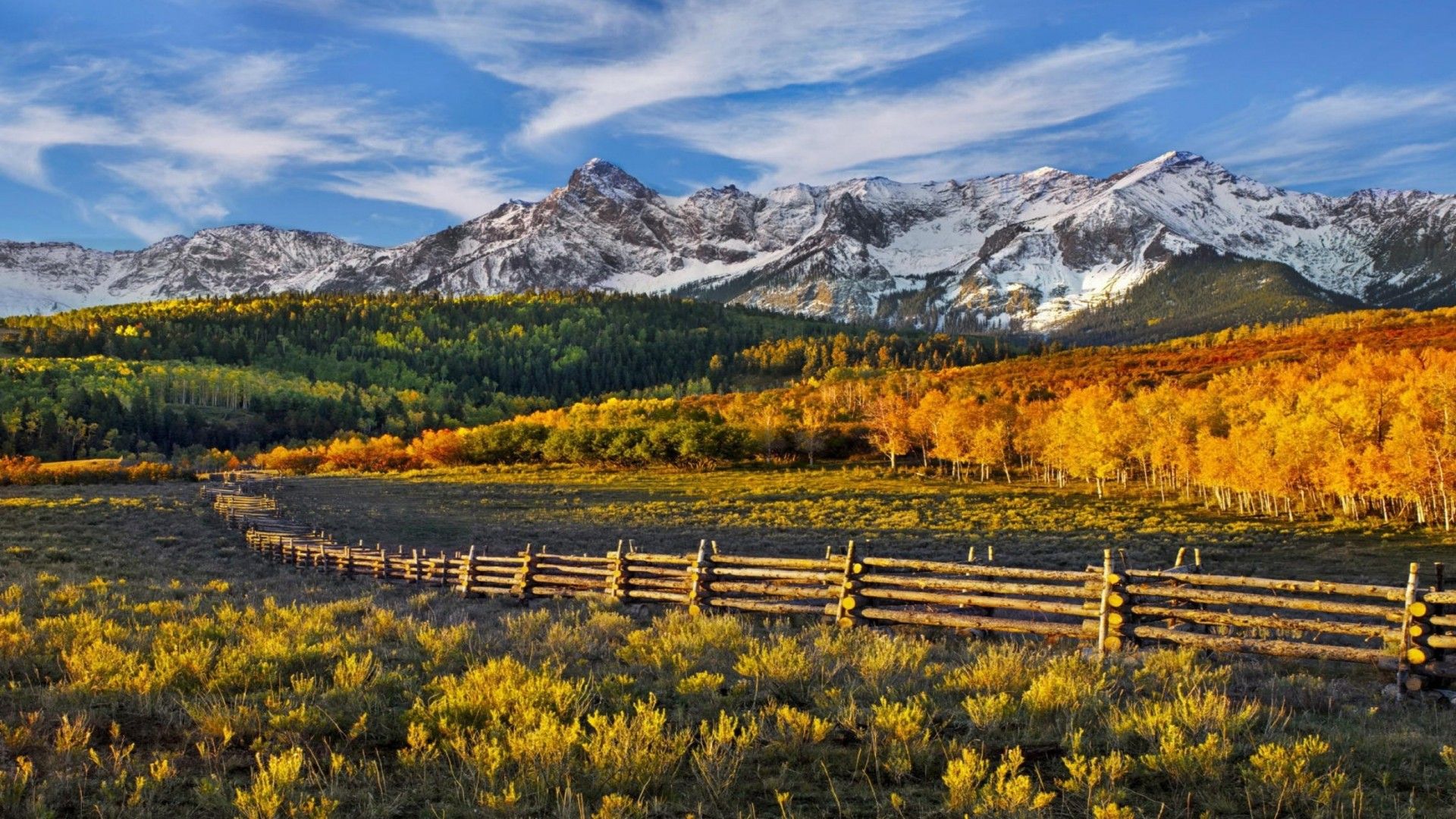 Beautiful, HD Wallpaper Fall Mountains With Snow Forest With Yellow Leaves And White Clouds In The Sky, Beautiful Scenery In Colorado, Usa, Wallpaper13.com