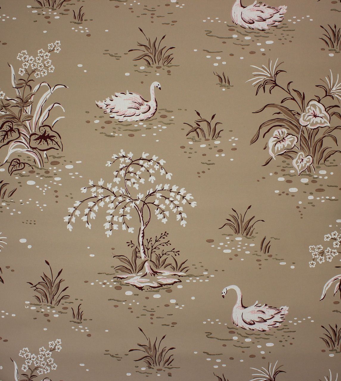 1940's Vintage Wallpaper Swans on Brown. Vintage wallpaper, Mural wallpaper, Swan wallpaper