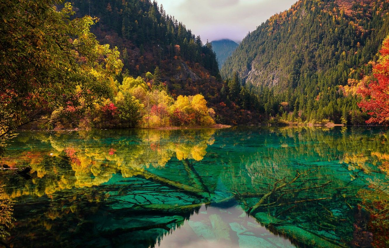Wallpaper autumn, landscape, mountains, nature, lake, China, forest, reserve, Jiuzhaigou, Jiuzaigou valley, Jiuzhaigou Valley image for desktop, section пейзажи
