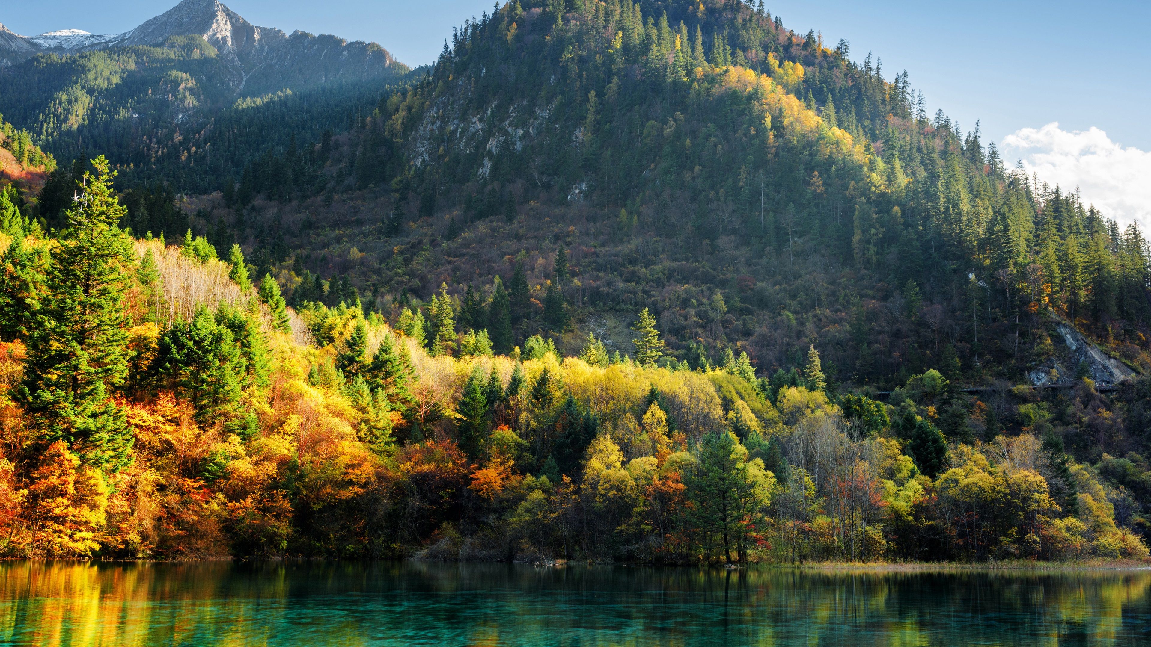 Wallpaper China, Jiuzhaigou, trees, mountains, lake, autumn 3840x2160 UHD 4K Picture, Image