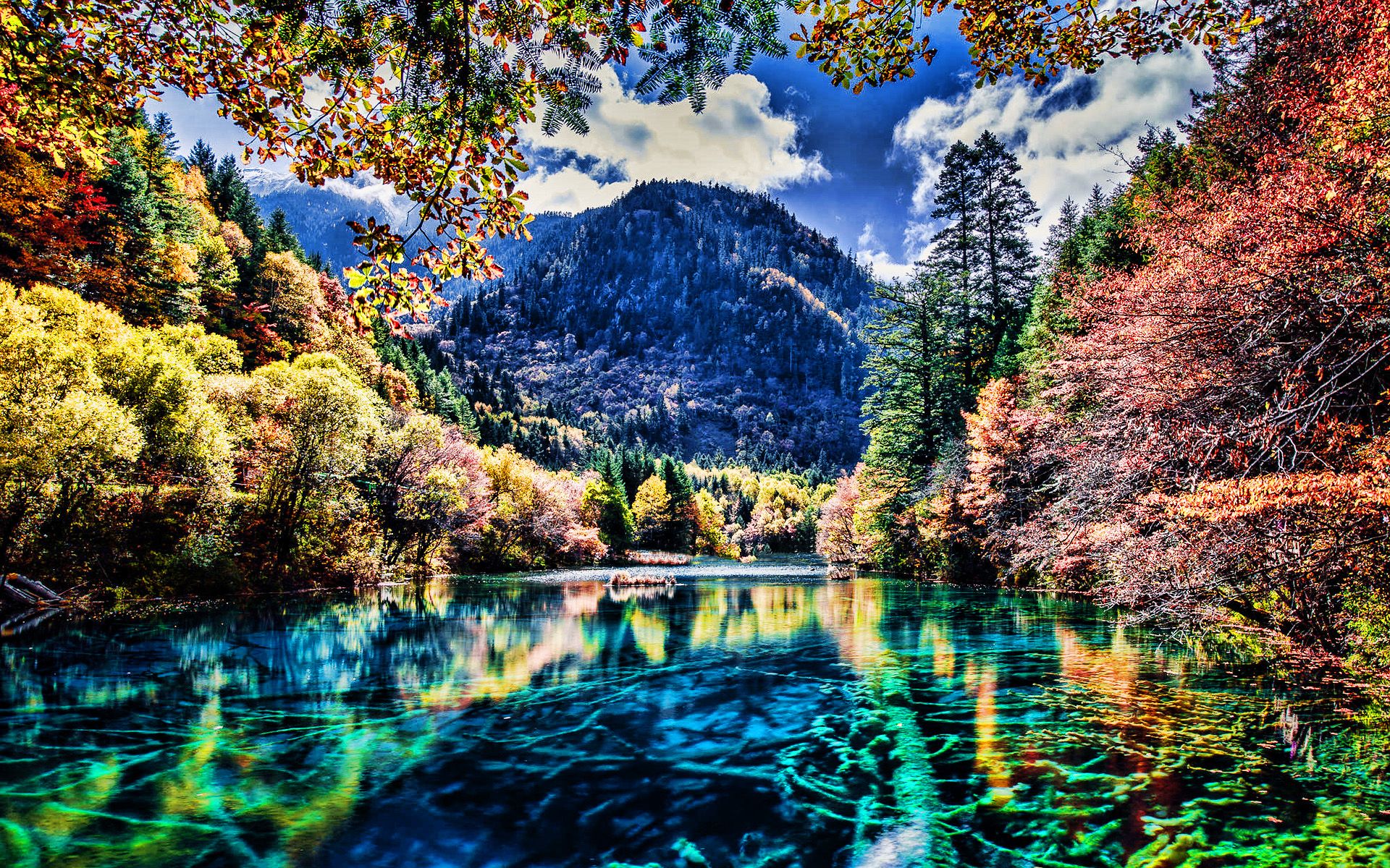 Download wallpaper Jiuzhaigou National Park, HDR, blue lake, forest, China, beautiful nature, autumn, Asia, Valley of Nine Villages, Chinese landmarks for desktop with resolution 1920x1200. High Quality HD picture wallpaper