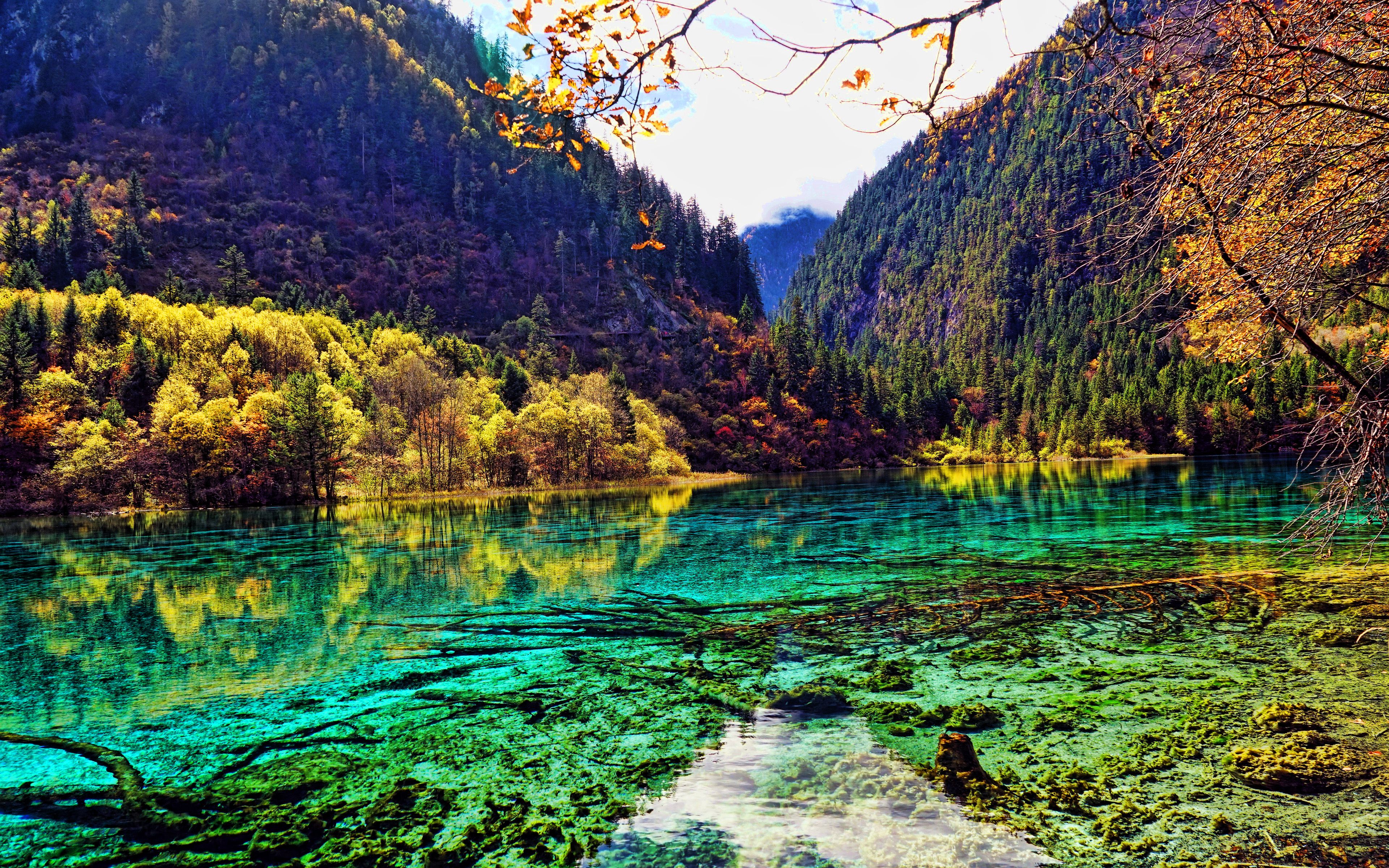 Download wallpaper 4k, Jiuzhaigou National Park, beautiful nature, autumn, blue lake, forest, China, Chinese nature, Asia, Valley of Nine Villages for desktop with resolution 3840x2400. High Quality HD picture wallpaper