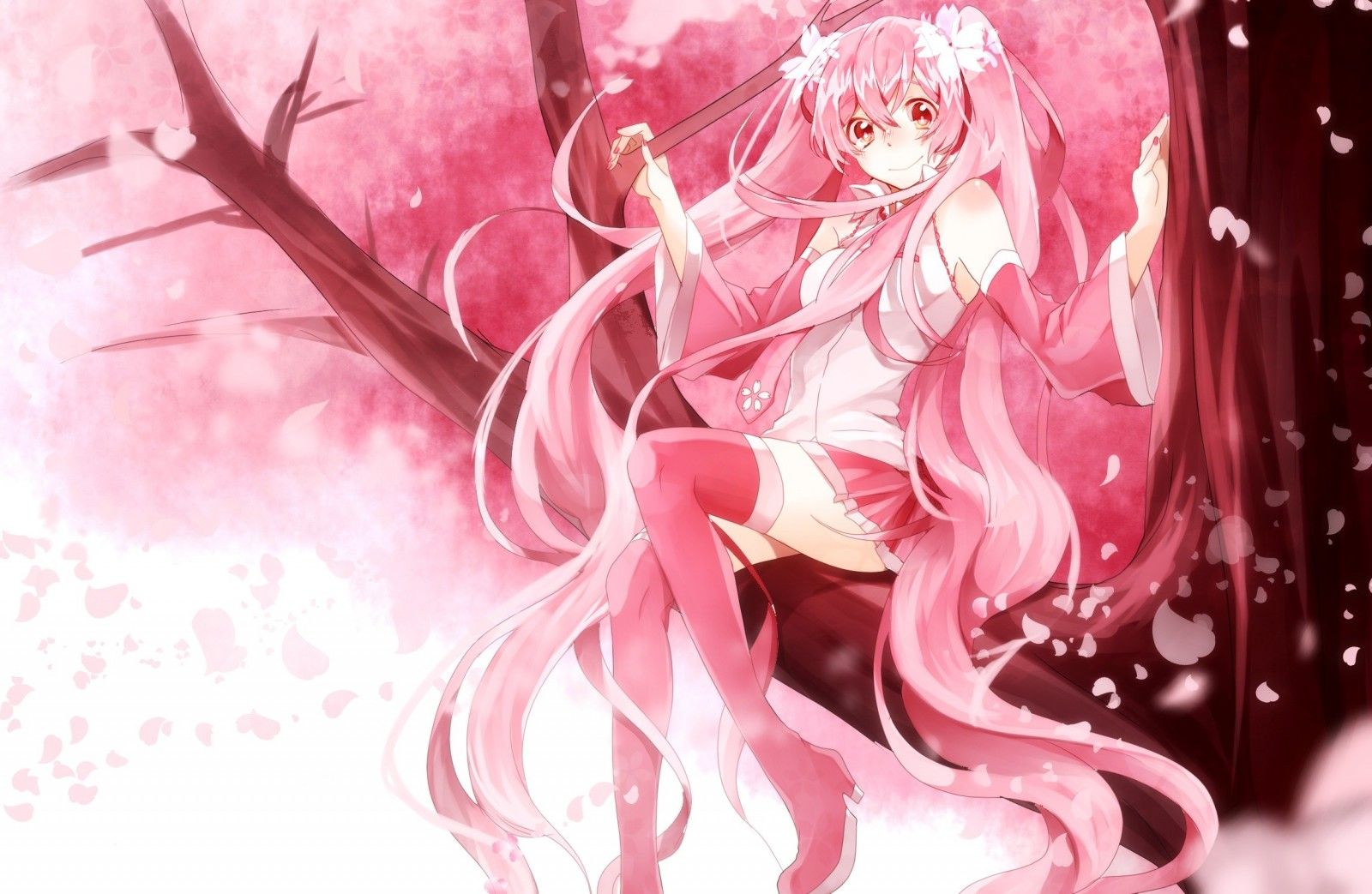 illustration, anime, Vocaloid, Hatsune Miku, twintails, pink, Sakura Miku, flower, plant, petal. Mocah.org HD Desktop Wallpaper