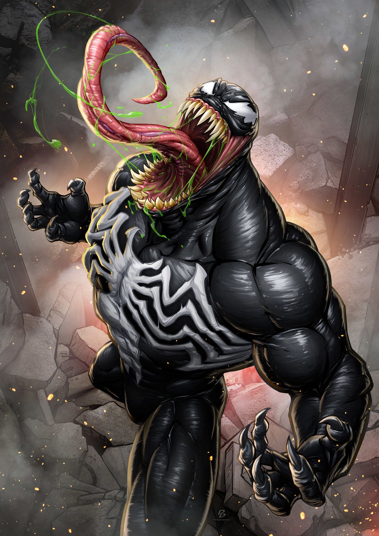 Patrick Brown Venom Mist Sparks Tongues Teeth Claws Symbiote Muscular Spider Man Marvel Comics Wallpaper:1280x1810