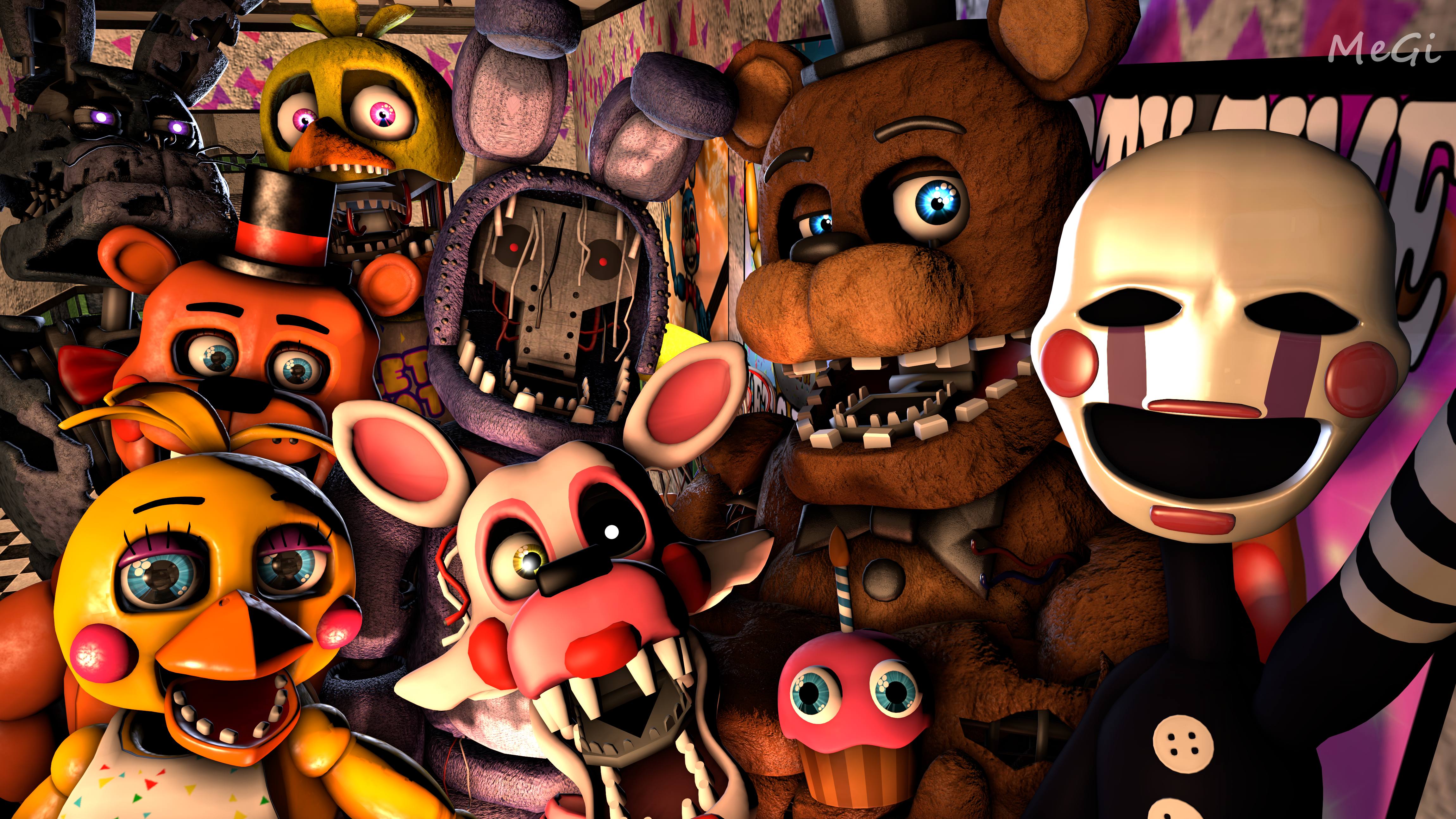 Withered Freddy, Withered Bonnie, Withered Chica, Toy Freddy, The Puppet, Me, Mangle, Carl, and Nightmare Bonnie!❤✌. Fnaf, Fnaf drawings, Five nights at freddy's