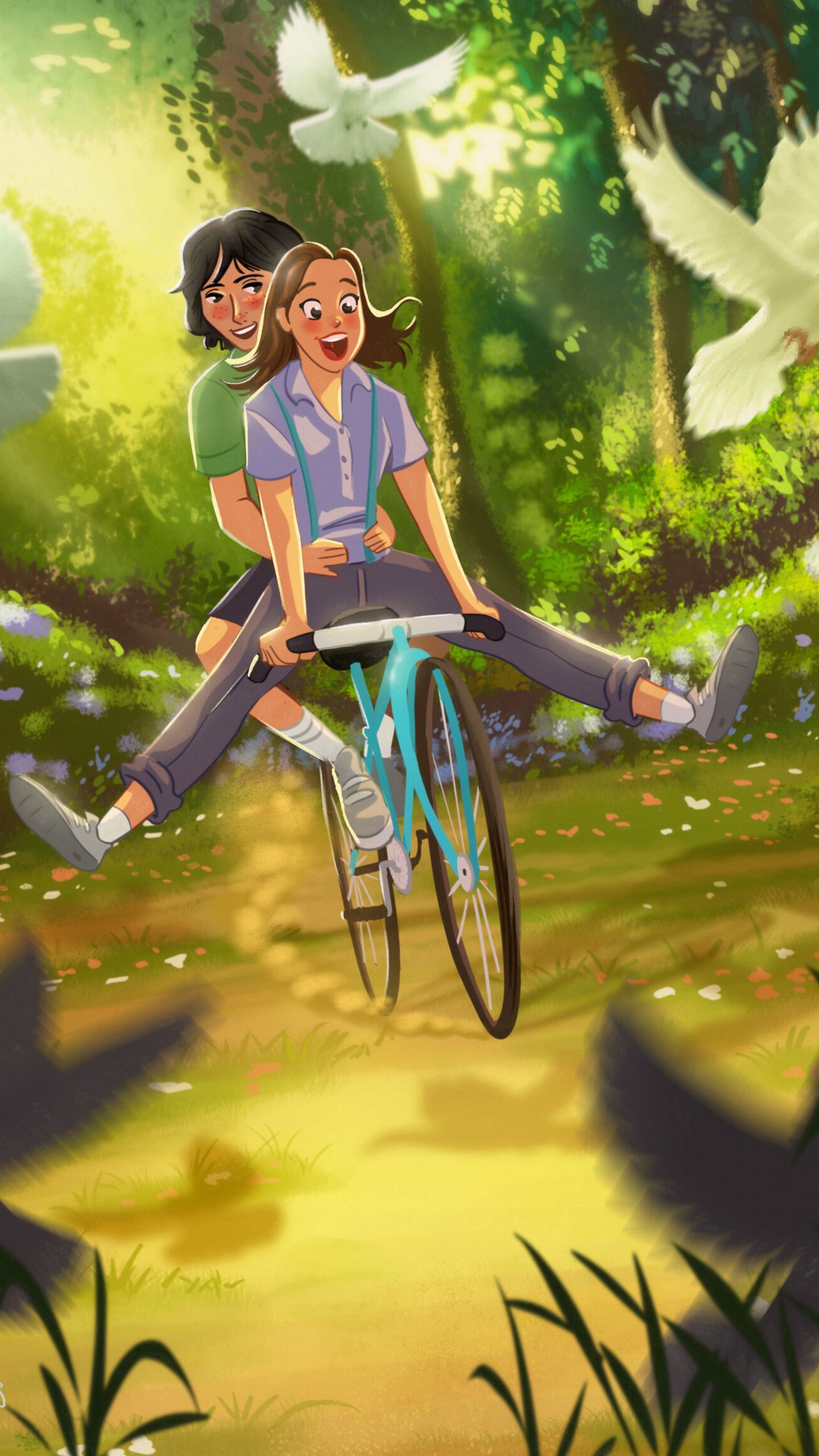 Download wallpaper 1440x2560 couple, bicycle, love, romance, art, happiness qhd samsung galaxy s s edge, note, lg g4 HD background
