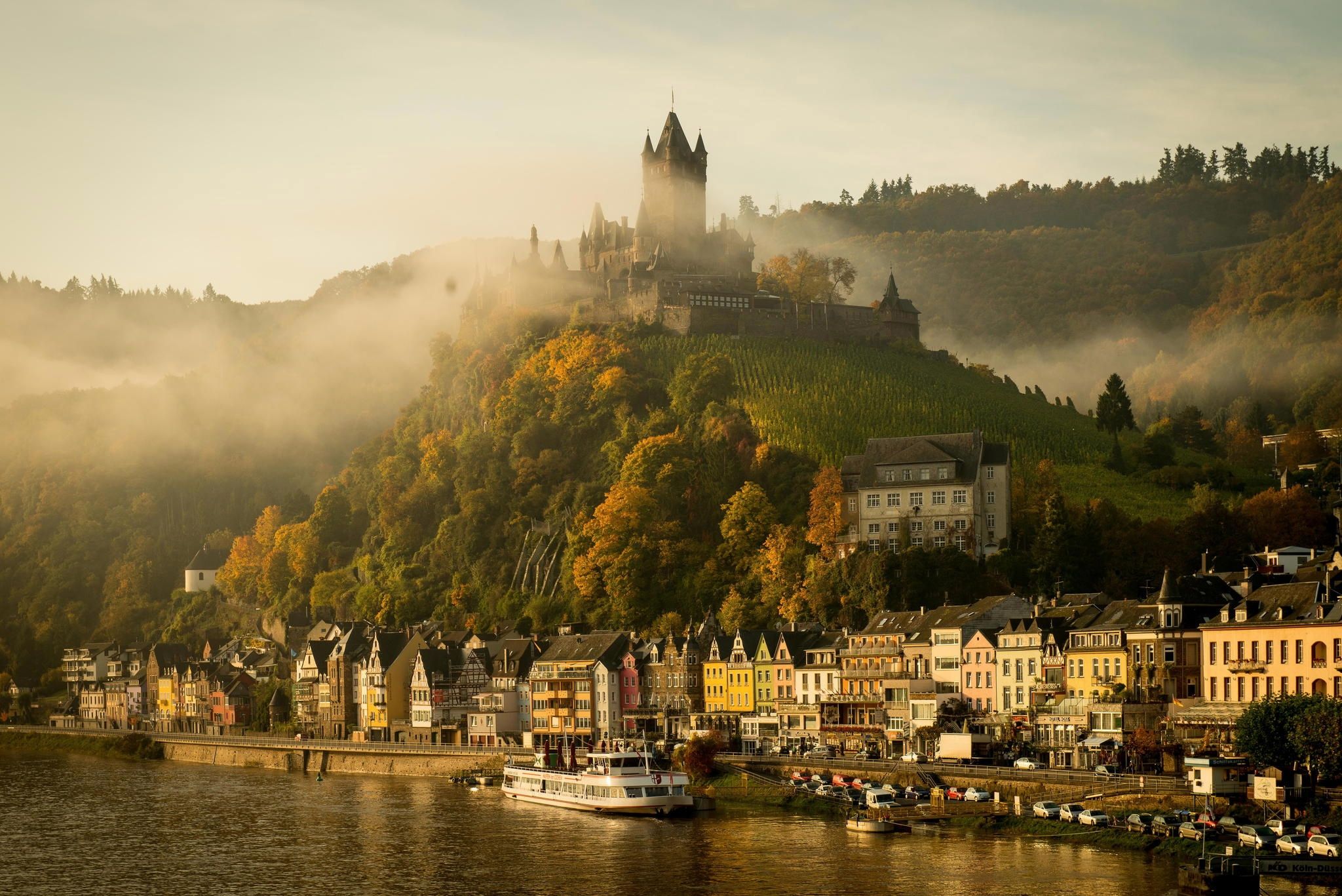 fall season, hills, town, autumn, river, moselle wallpaper