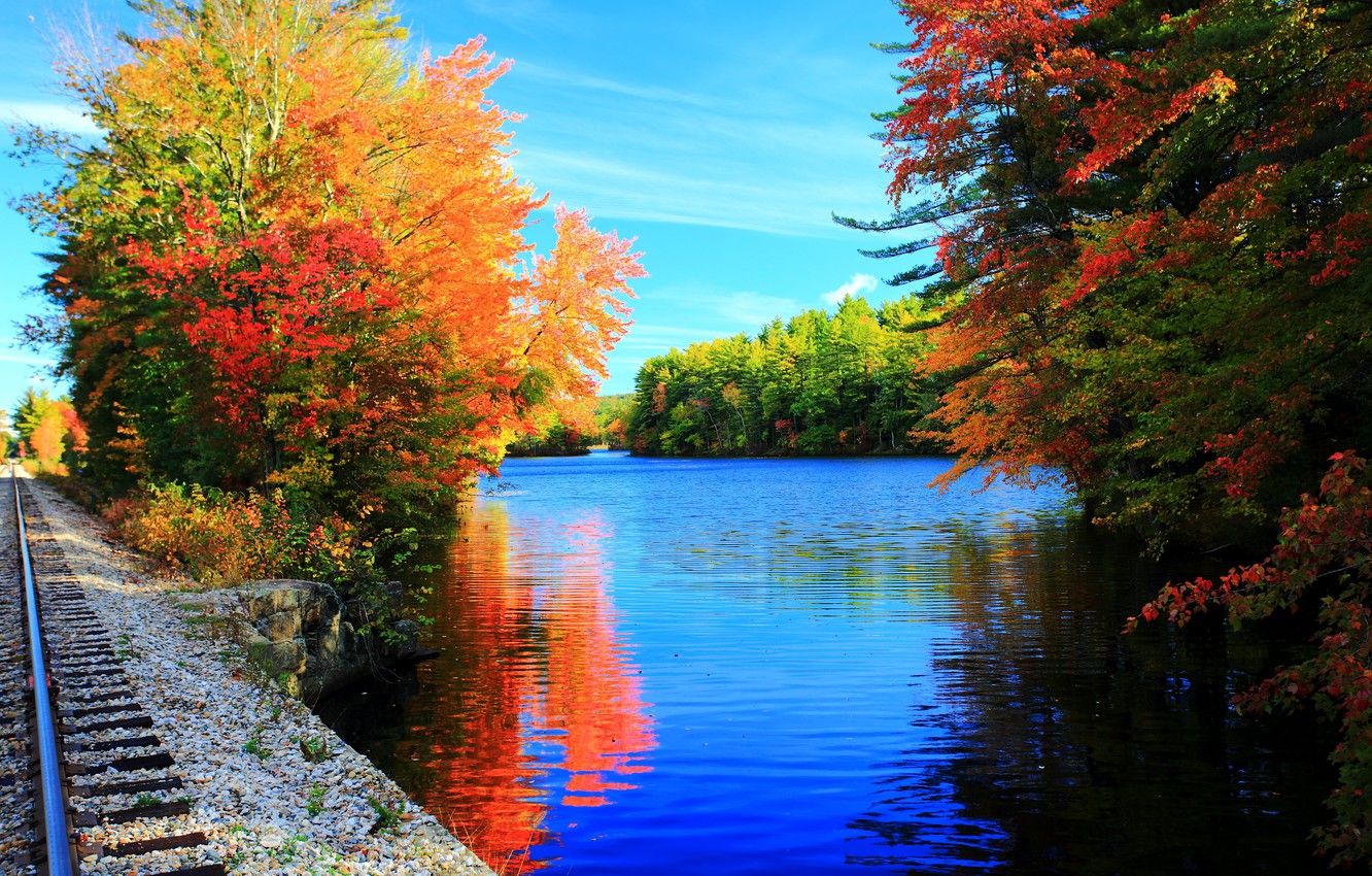 Wallpaper trees, lake, rails, colors, Autumn, trees, nature, autumn, lake, fall image for desktop, section пейзажи