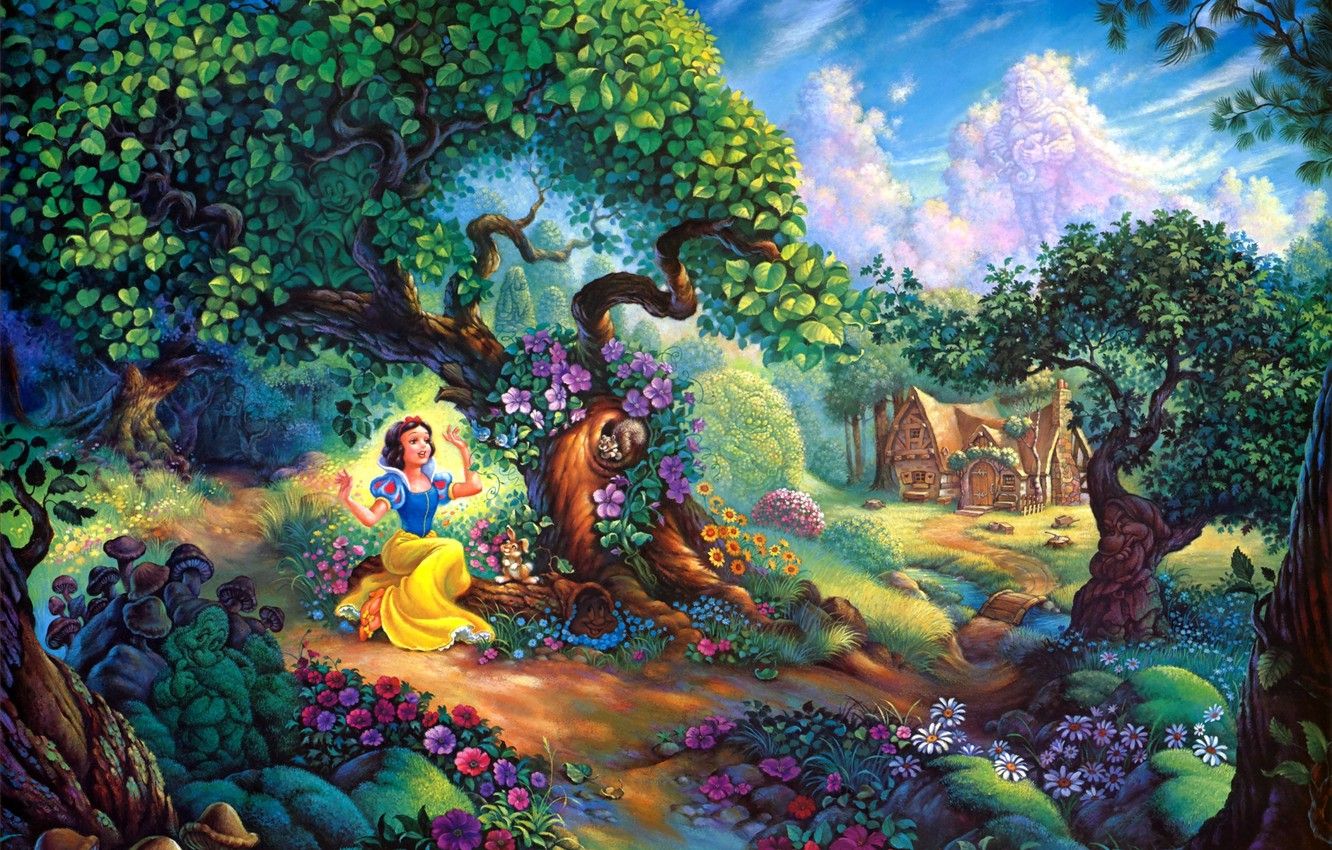 Wallpaper flowers, house, forest, cartoon, painting, Walt Disney, Snow Whites Magical Forest, Snow Whites, Tom duBois image for desktop, section живопись
