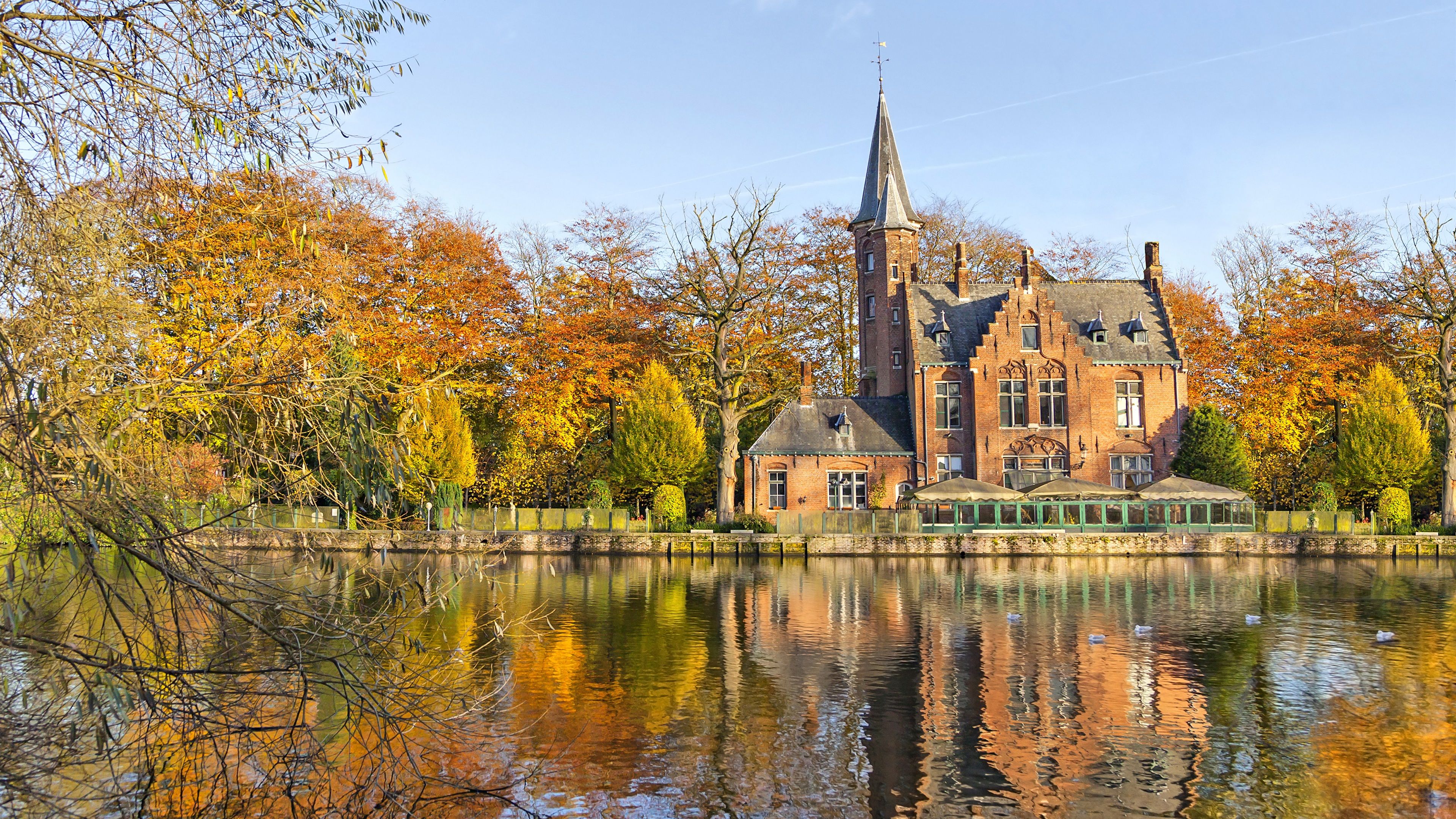 Wallpaper Town in autumn, house, trees, river 3840x2160 UHD 4K Picture, Image