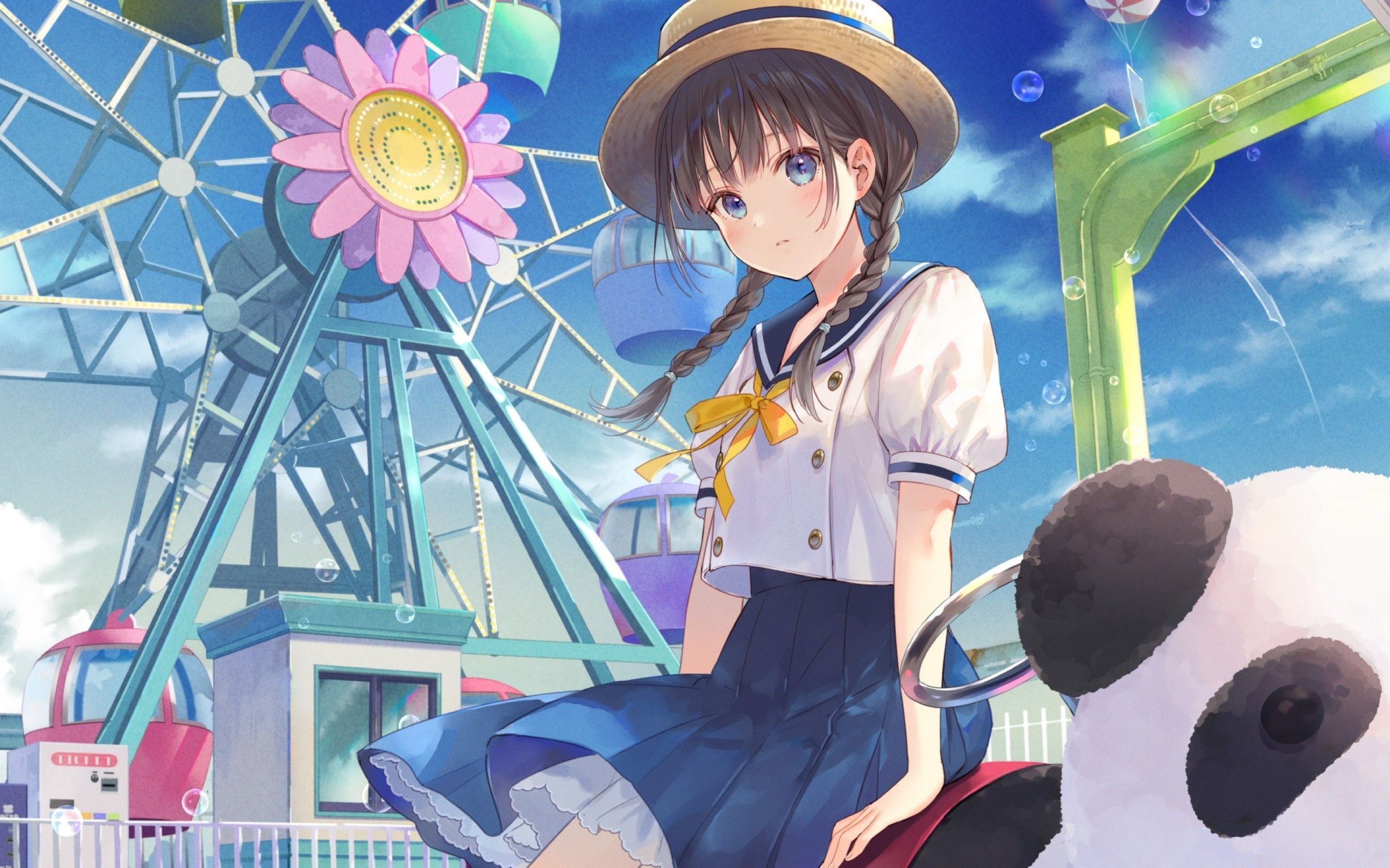 Download 2560x1600 Anime School Girl, Ferris Wheel, Panda, Braid, Cute, Straw Hat Wallpaper for MacBook Pro 13 inch
