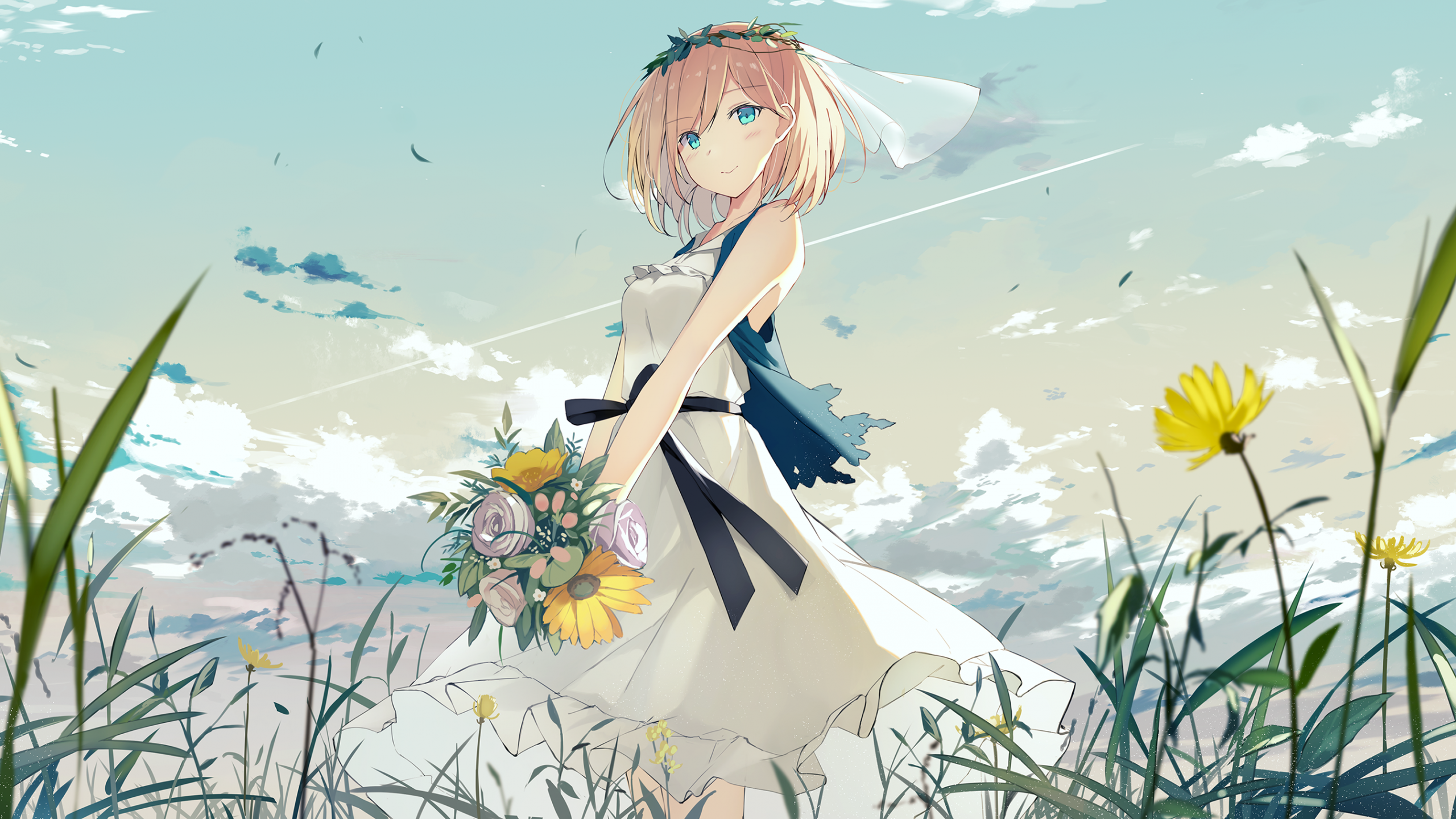 Download 2560x1440 Anime Girl, Short Hair, Yellow Flowers, Clouds, White Dress Wallpaper for iMac 27 inch