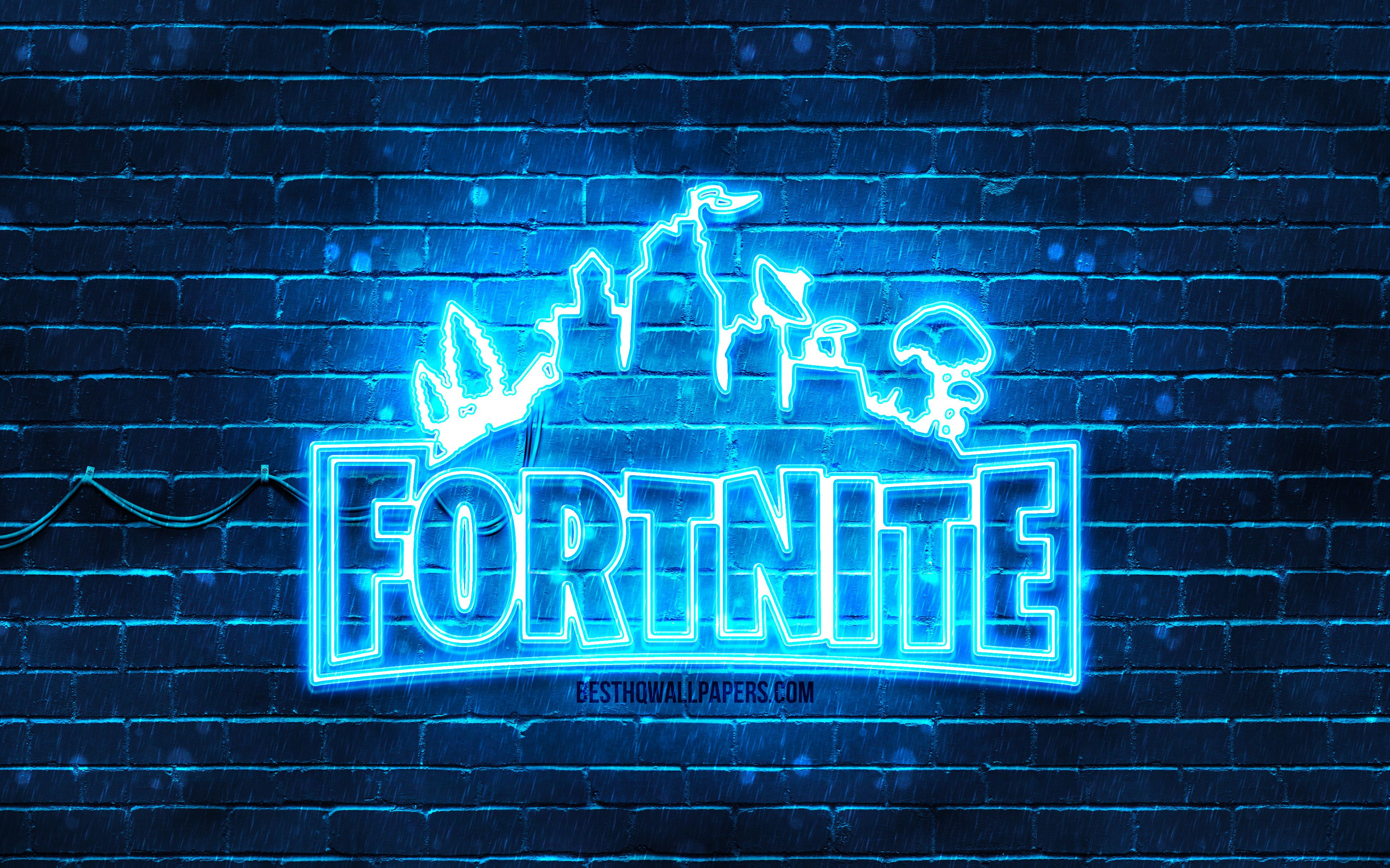 Download wallpaper Fortnite blue logo, 4k, blue brickwall, Fortnite logo, 2020 games, Fortnite neon logo, Fortnite for desktop with resolution 3840x2400. High Quality HD picture wallpaper