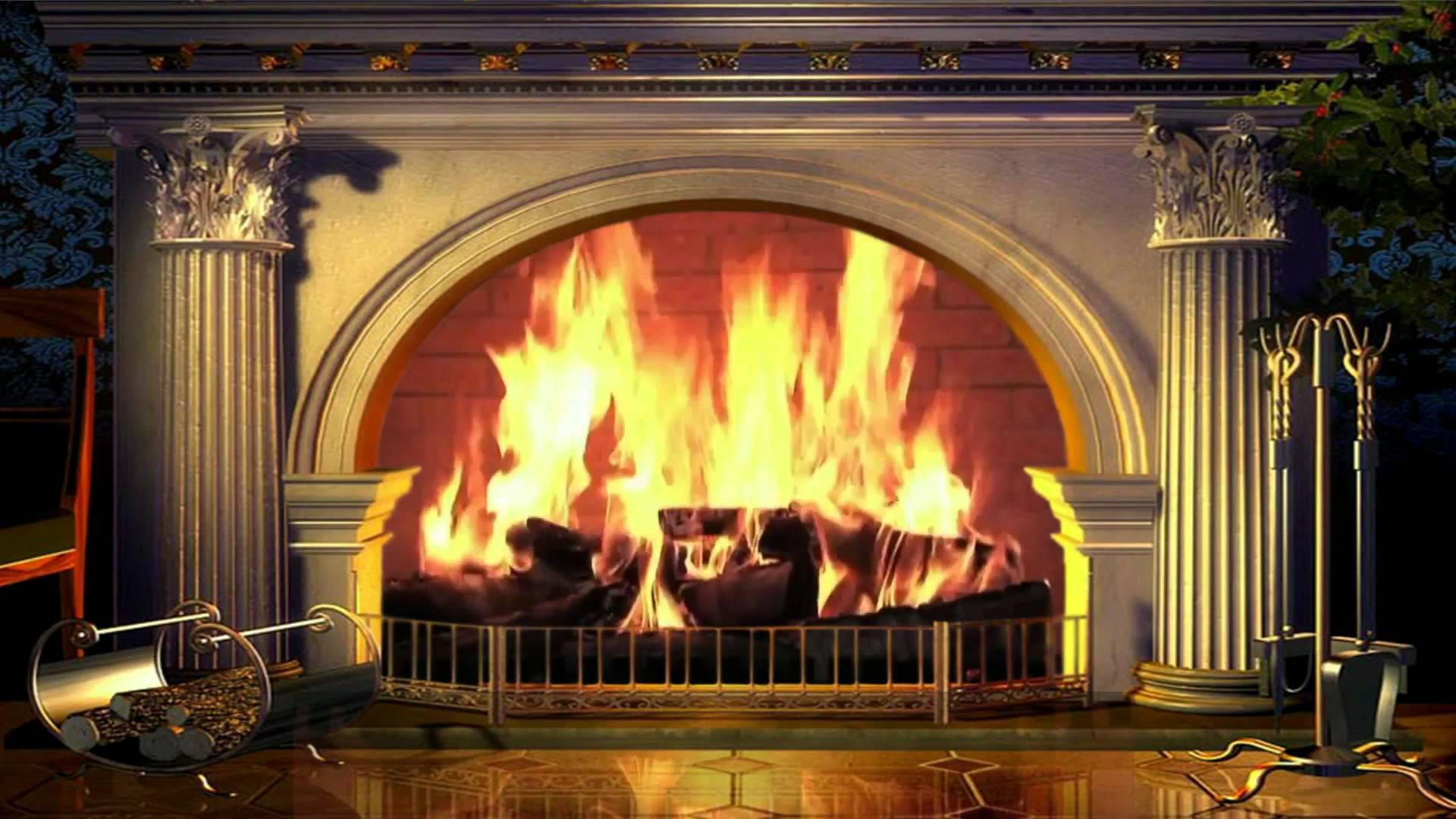 A fire in the fireplace, beautiful wallpaper