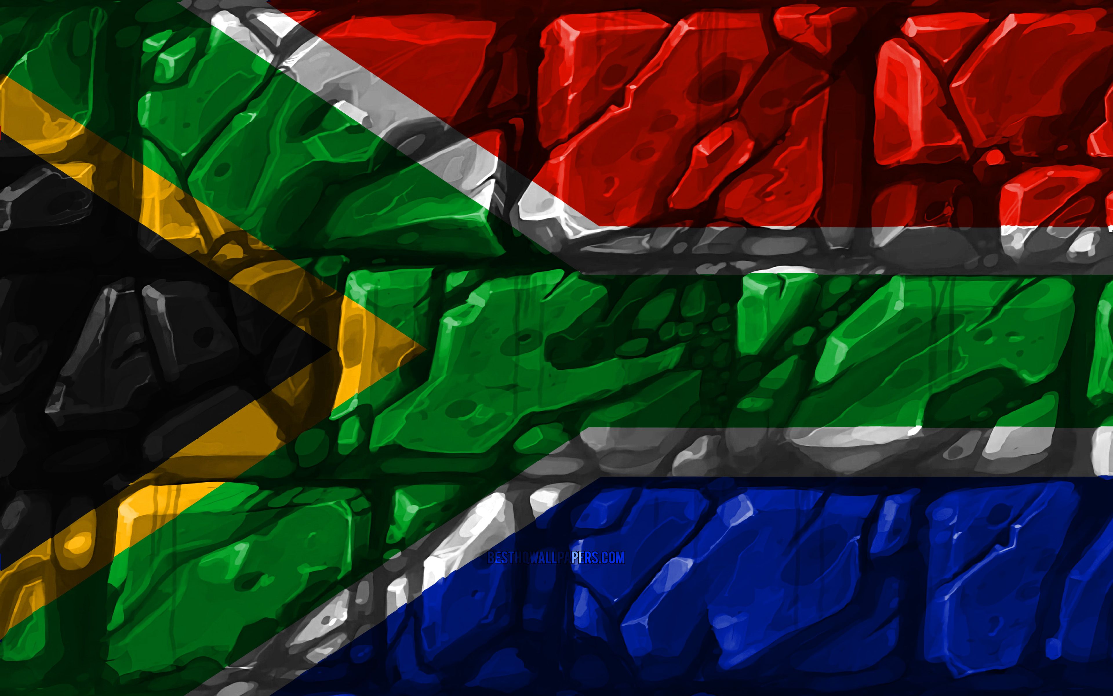 Download wallpaper South African flag, brickwall, 4k, African countries, national symbols, Flag of South Africa, creative, South Africa, Africa, South Africa 3D flag for desktop with resolution 3840x2400. High Quality HD picture