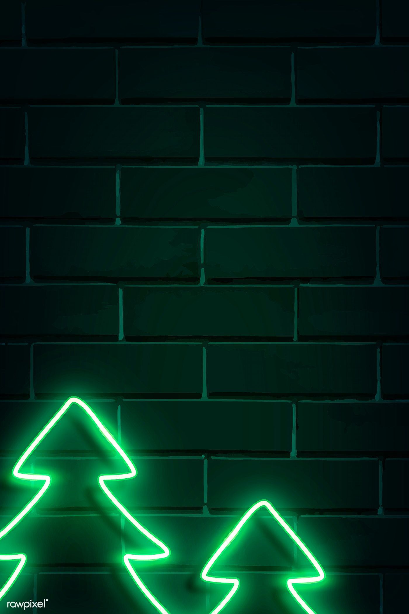 Download premium vector of Christmas trees neon sign on a dark brick wall