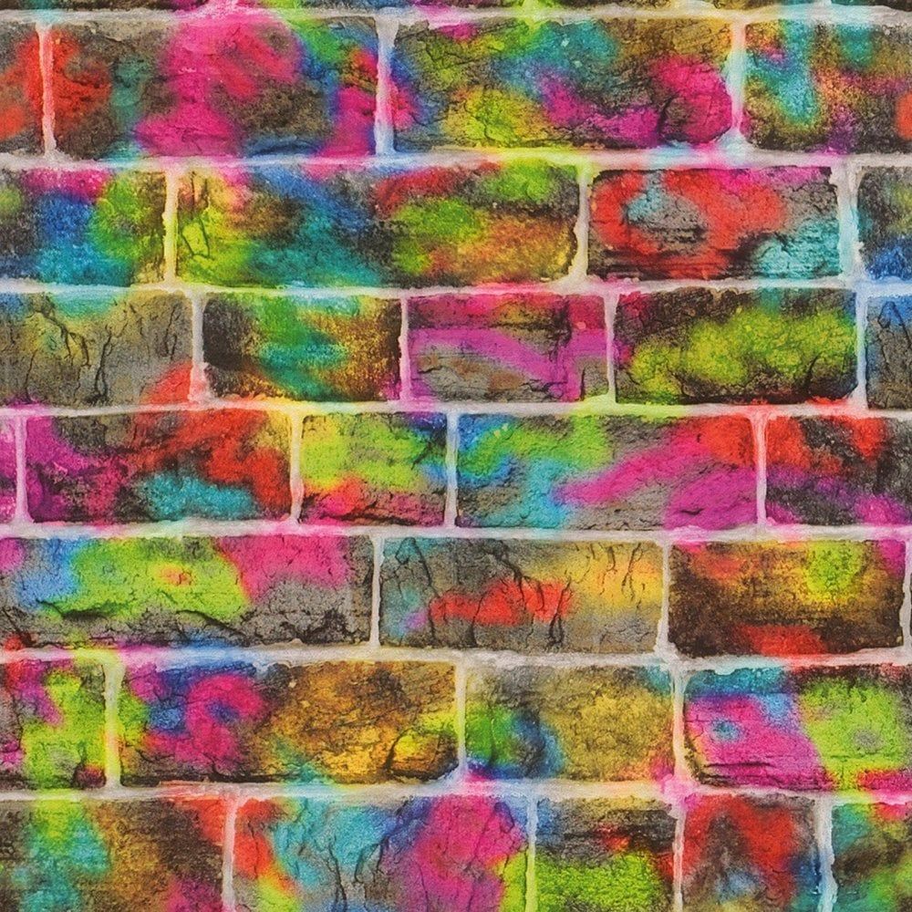 Rasch Multi Colour Graffiti Neon Brick Wall Art Spray Paint Wallpaper 291407