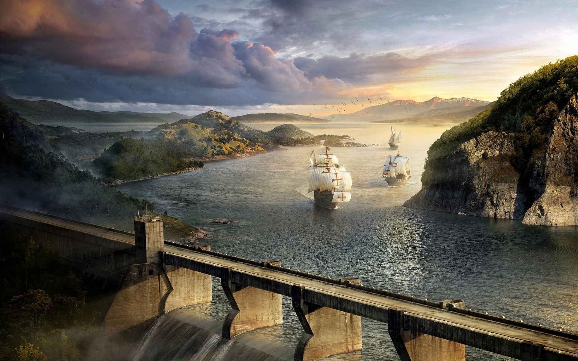 ships, bridges, dam, artwork, sail ship, rivers wallpaper