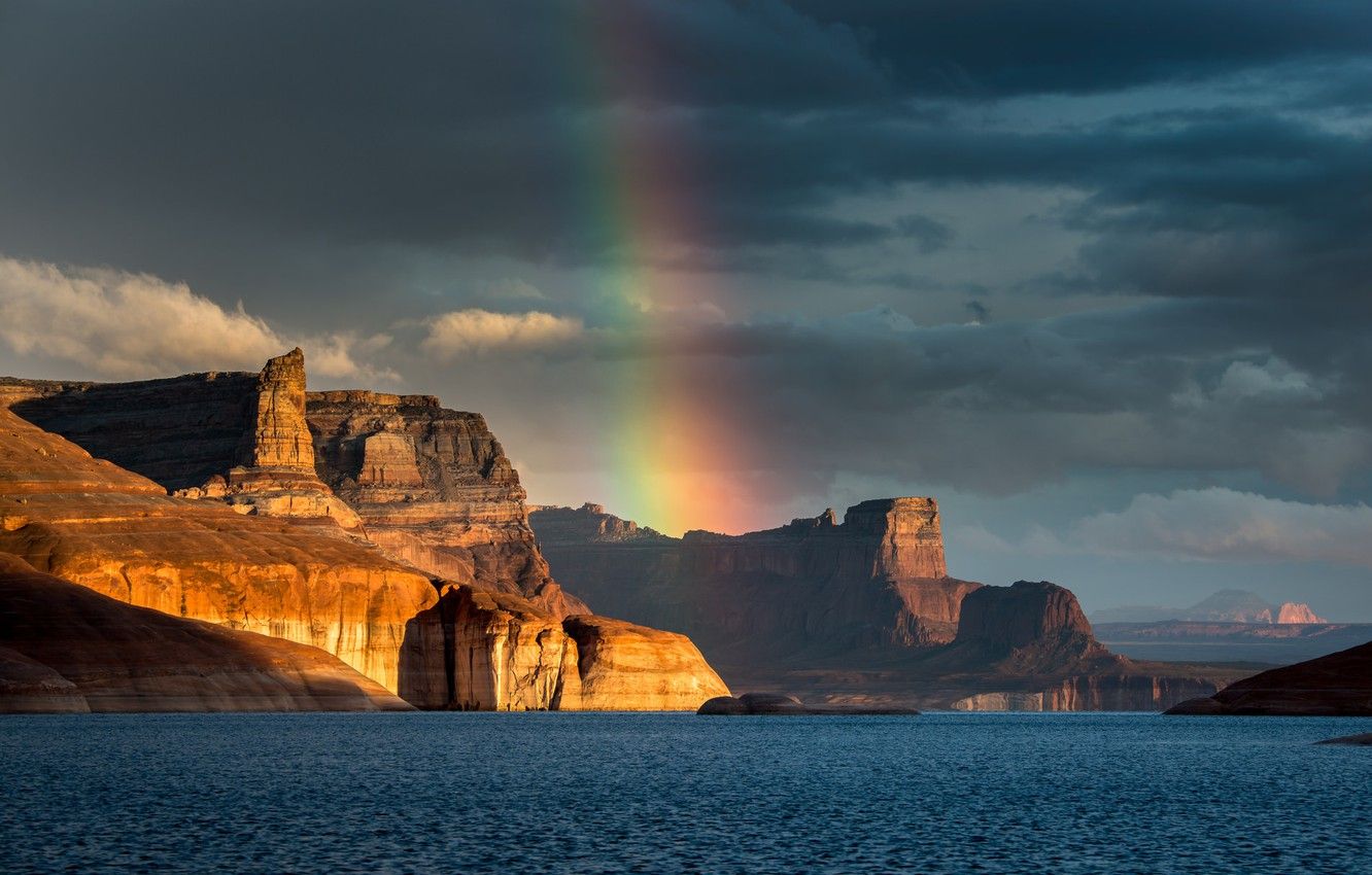 Wallpapers mountains, lake, rainbow, AZ, Arizona, lake Powell, Lake Powell, reservoir Powell, Padre Bay image for desktop, section пейзажи