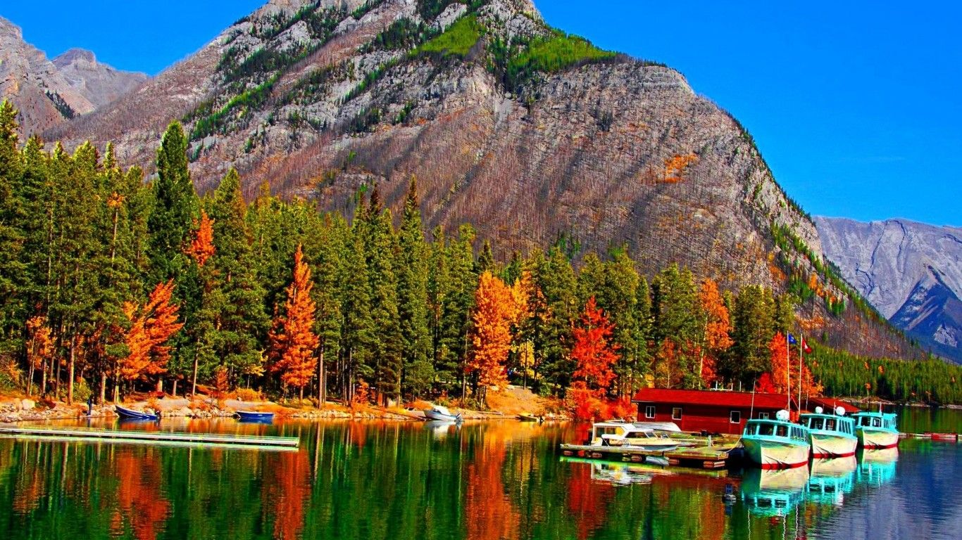 Fall Colors On Lake Banff In Canada Boats HD Wallpaper 86053, Wallpaper13.com
