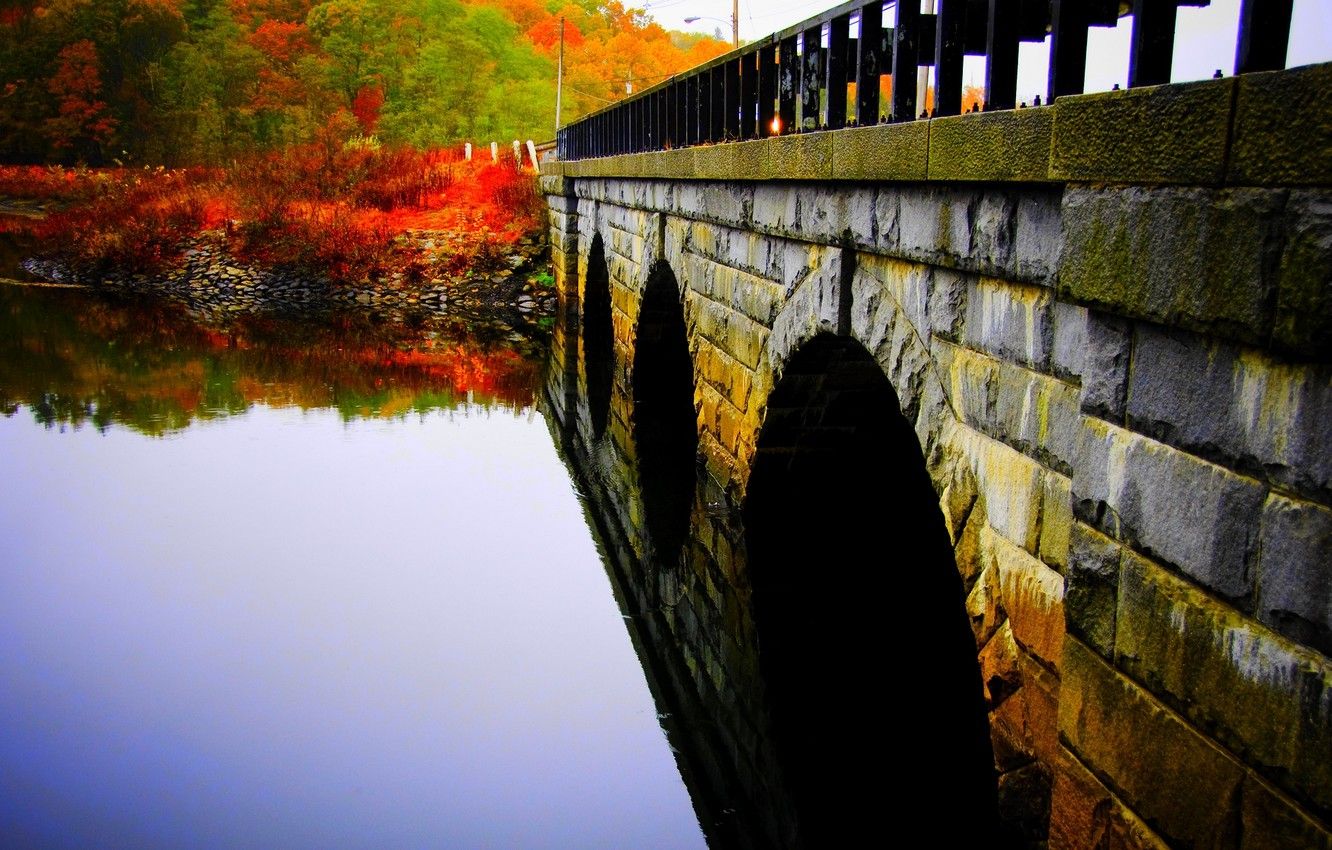 Wallpaper water, trees, bridge, surface, Park, river, Autumn, stone image for desktop, section природа