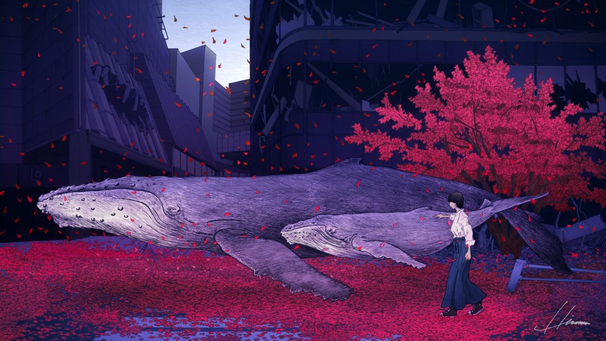 City girls trees animals drawings fish fantasy widescreen wallpaperx1152