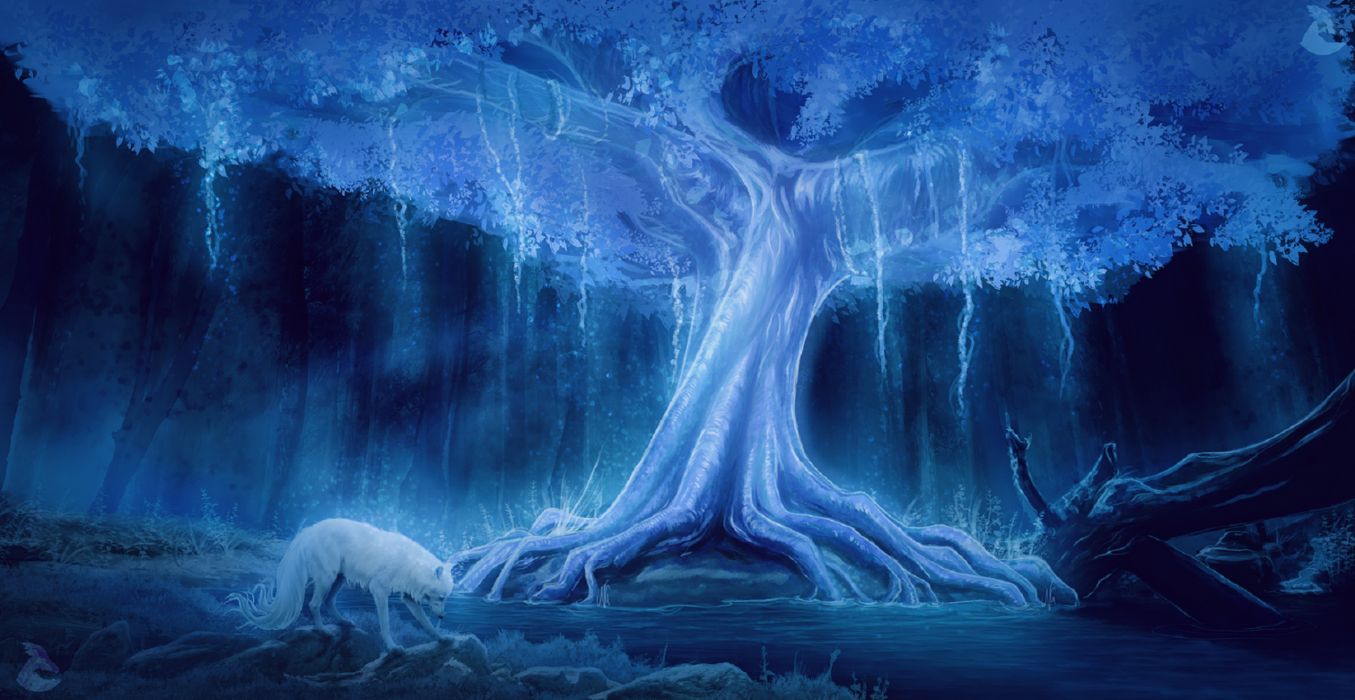 Water wolves trees animals nature drawings fantasy widescreen wallpaperx1080