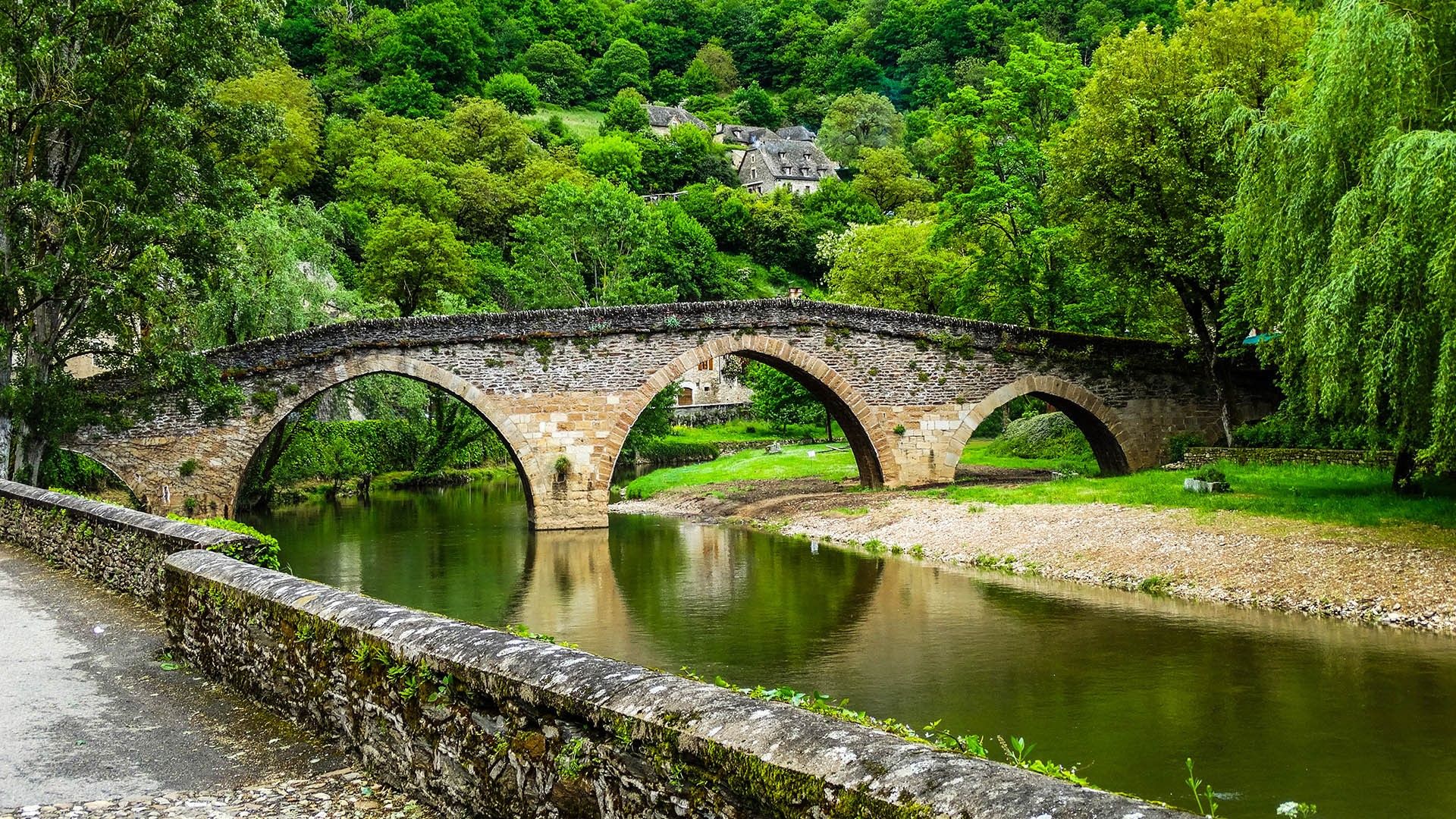 Belcastel medieval stone bridge across Aveyron river with forest, Aveyron, France. Windows 10 Spotlight Image