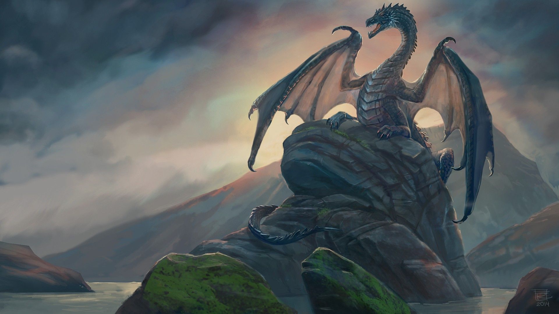 Dragon sitting on a rock wallpaper and image, picture, photo