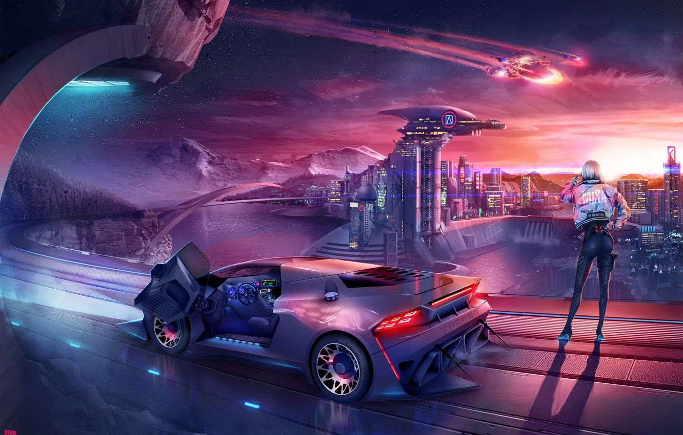 Wallpaper The city, Lamborghini, Future, Girl, Background, City, Car, 80s, Fiction, Neon, Illustration, Science Fiction, 80's, Synth, Retrowave, Synthwave image for desktop, section арт