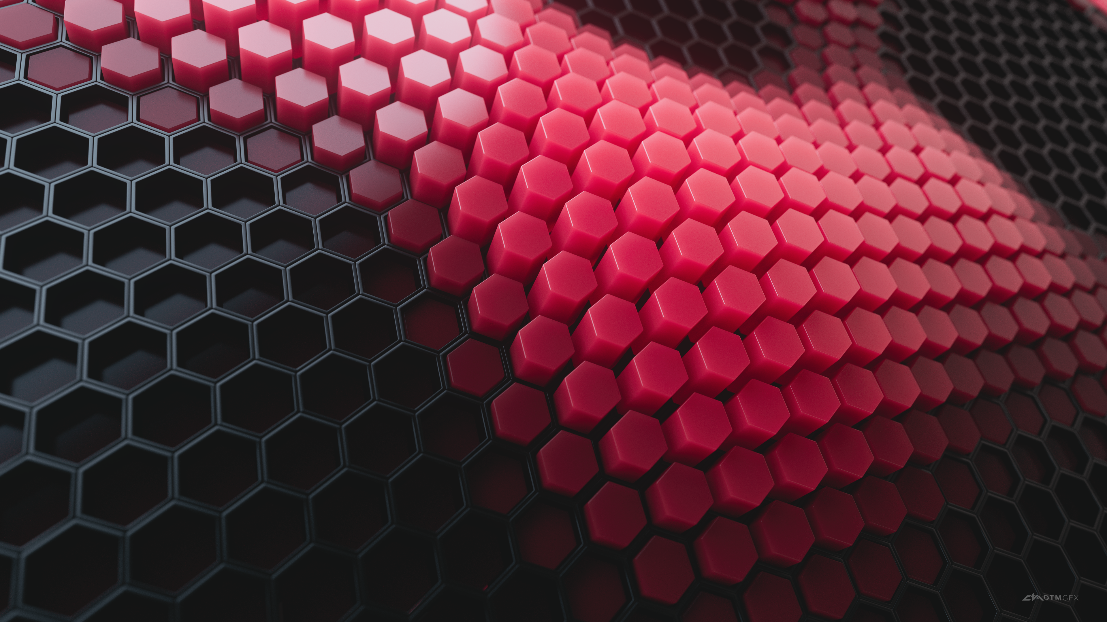 Hexagons 4K Wallpaper, Patterns, Red background, Red blocks, Black blocks, 3D background, Abstract
