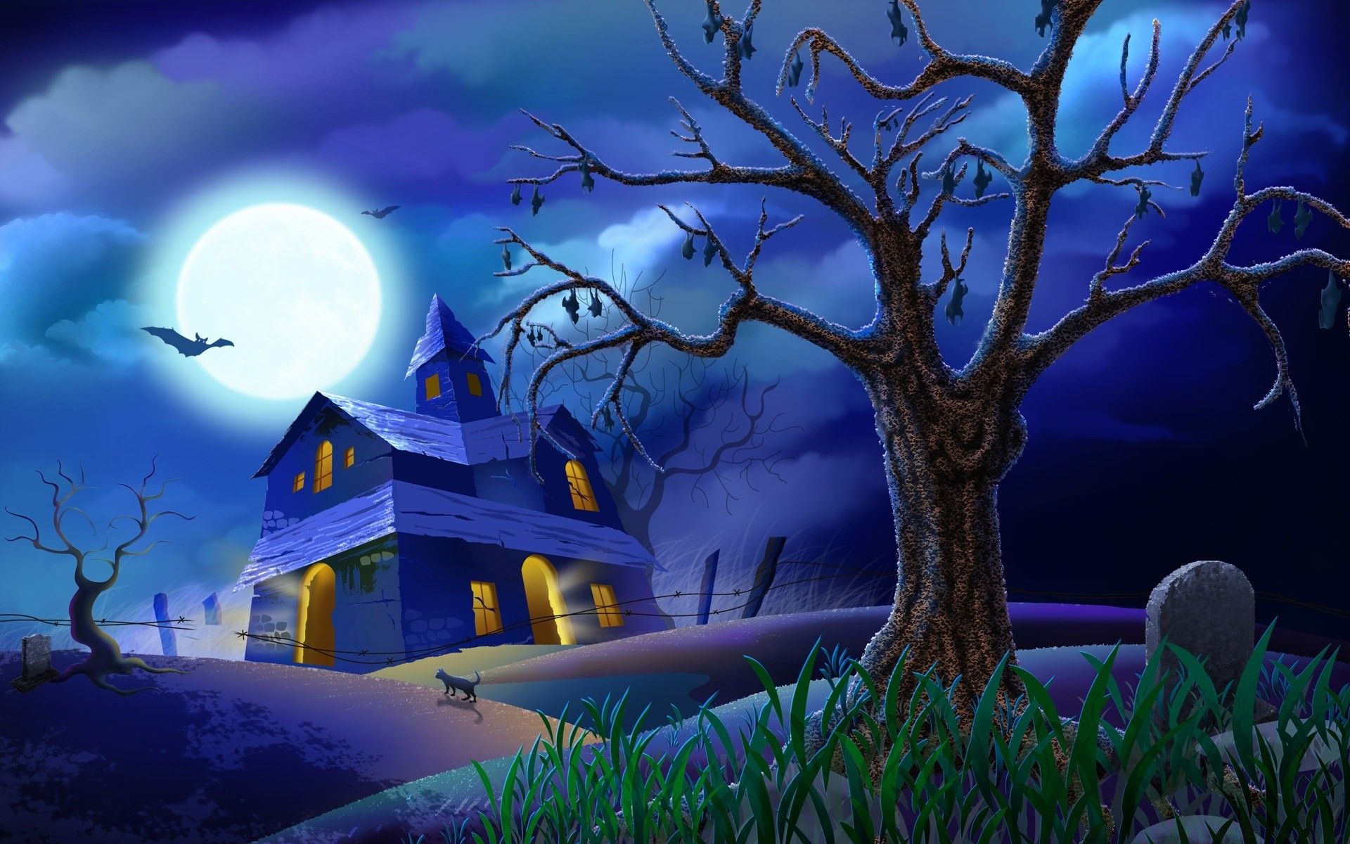 Spooky House Bats Cat Night Full Moon Hallowmas Halloween