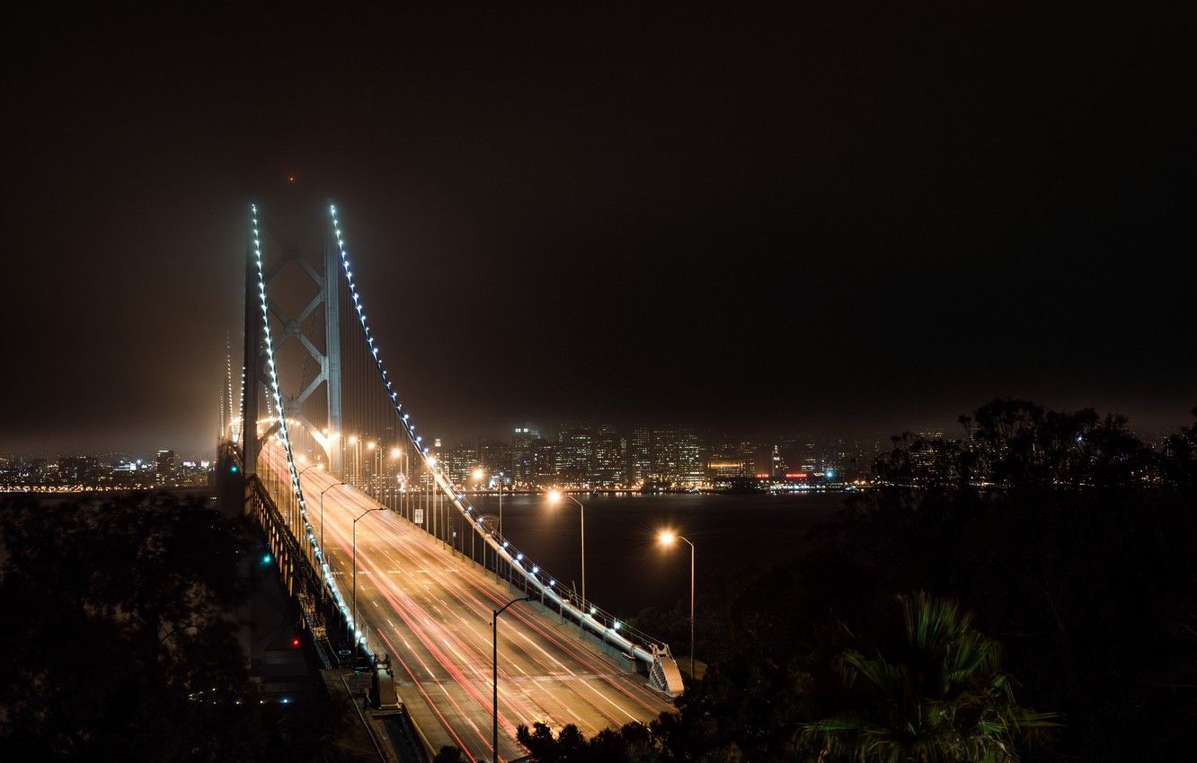 Wallpaper autumn, the sky, night, bridge, lights, lights, dark, dark, CA, Bay, San Francisco, light, USA, USA, sky, bridge image for desktop, section город