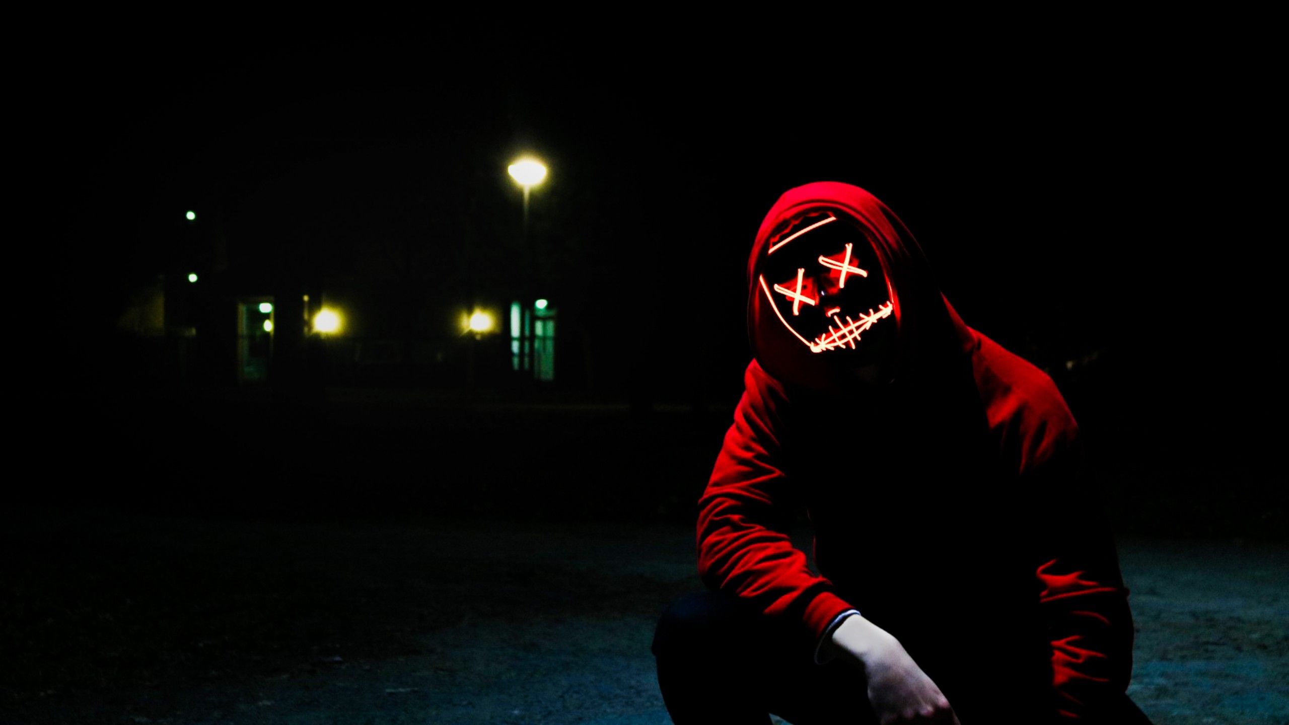 Man 4K Wallpaper, LED mask, Dope, Night, Anonymous, Hoodie, Dark, 5K, Photography