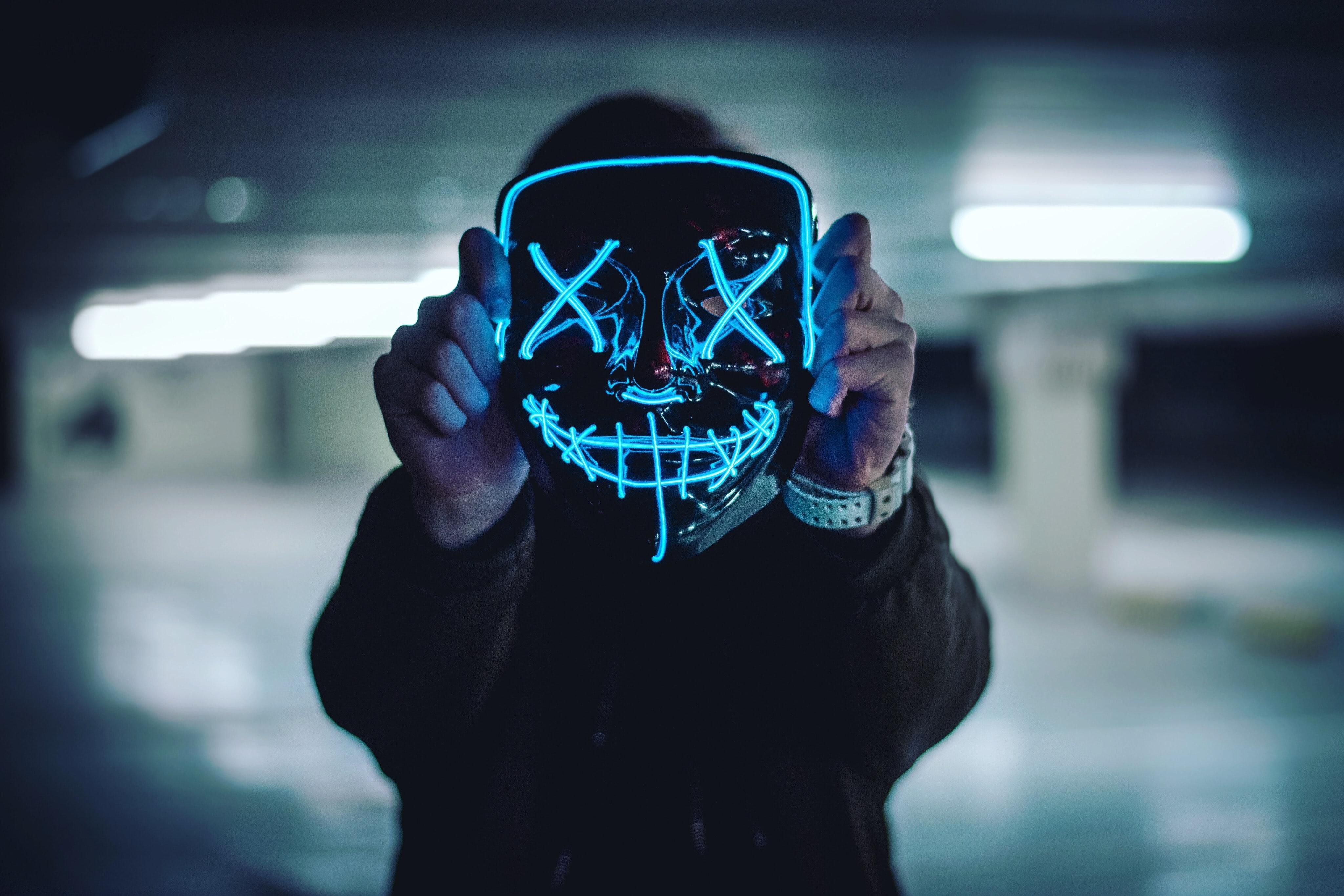 wallpaper mask, neon, anonymous, hands HD, Widescreen, High Definition