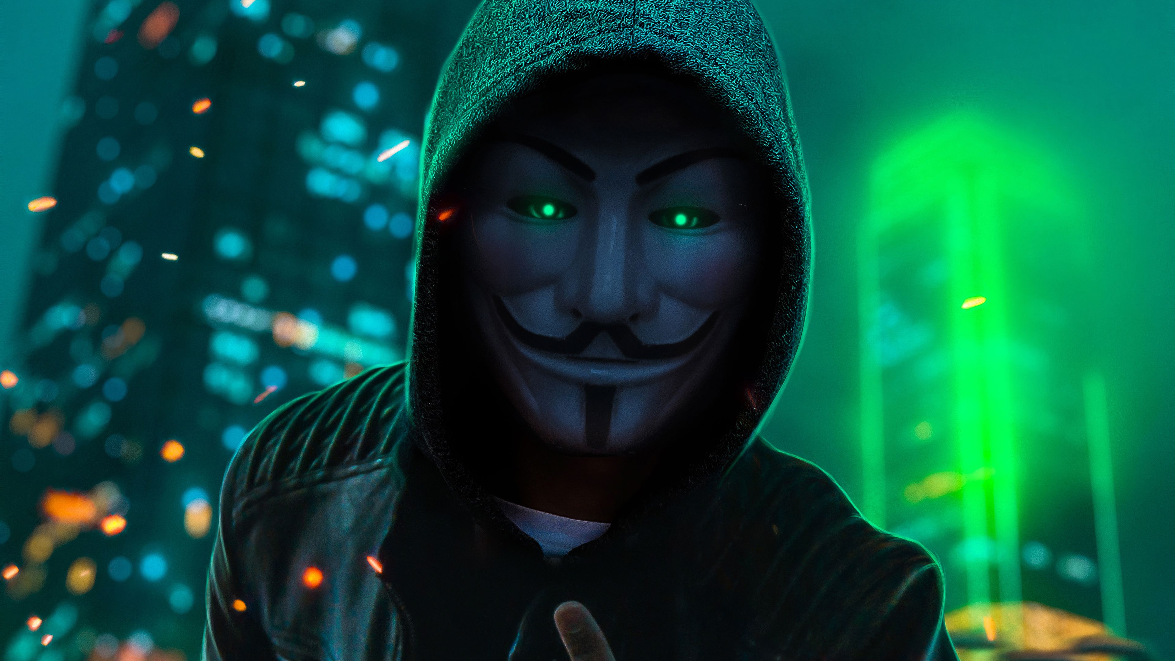 Anonymus mask with green neon colors Wallpaper 4k Ultra HD