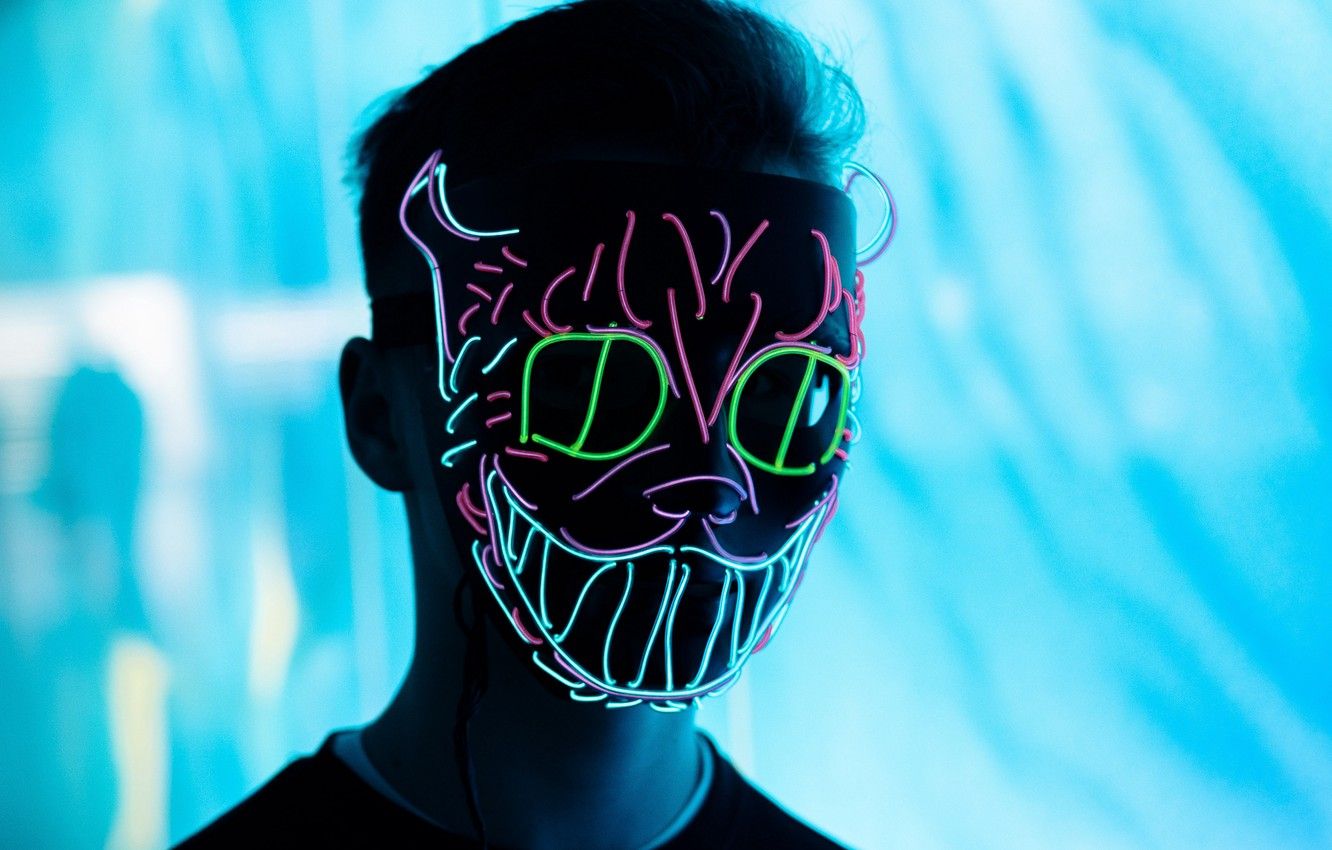 Wallpaper light, glow, man, blur, neon, situations, anonymous, mask, 4k ultra HD background, neon mask image for desktop, section ситуации