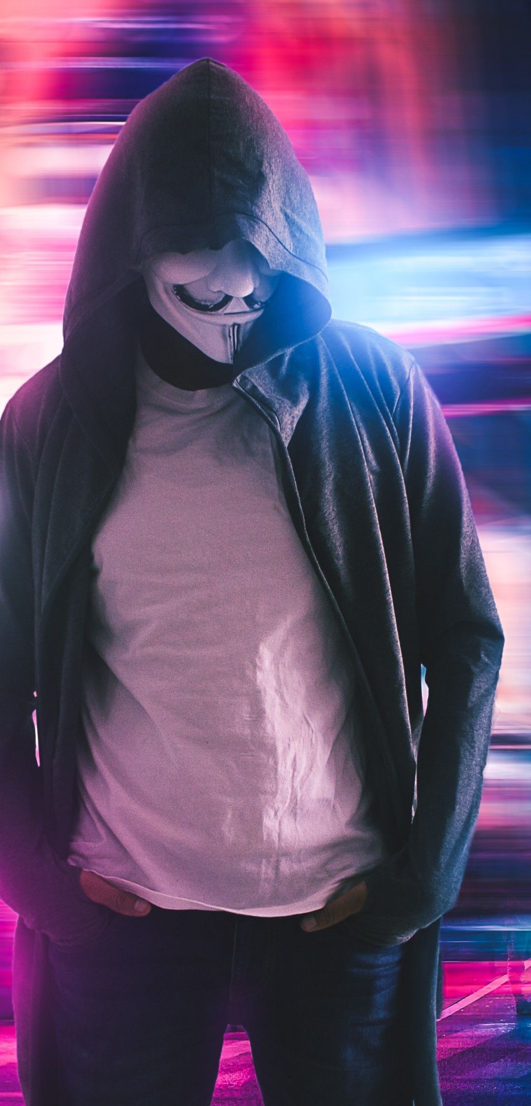 Download 1080x2248 Masked Man, Anonymous, Hoodie, Hacker, Neon City Wallpaper for Xiaomi Mi 8 Pro